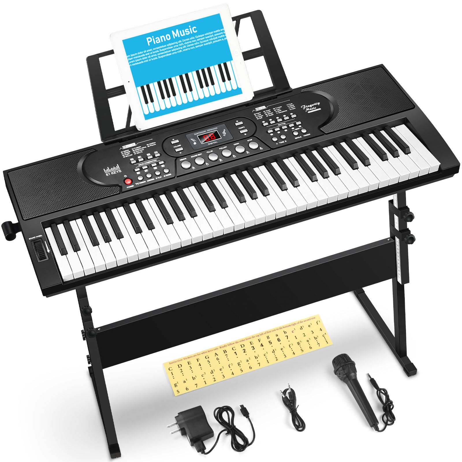 61 Key Keyboard Piano with Stand, Portable Electric Piano Keyboard Kit for Beginners with Stand, Microphone,Note Stickers, Music Rest, Digital Music Keyboard Built-In Speakers