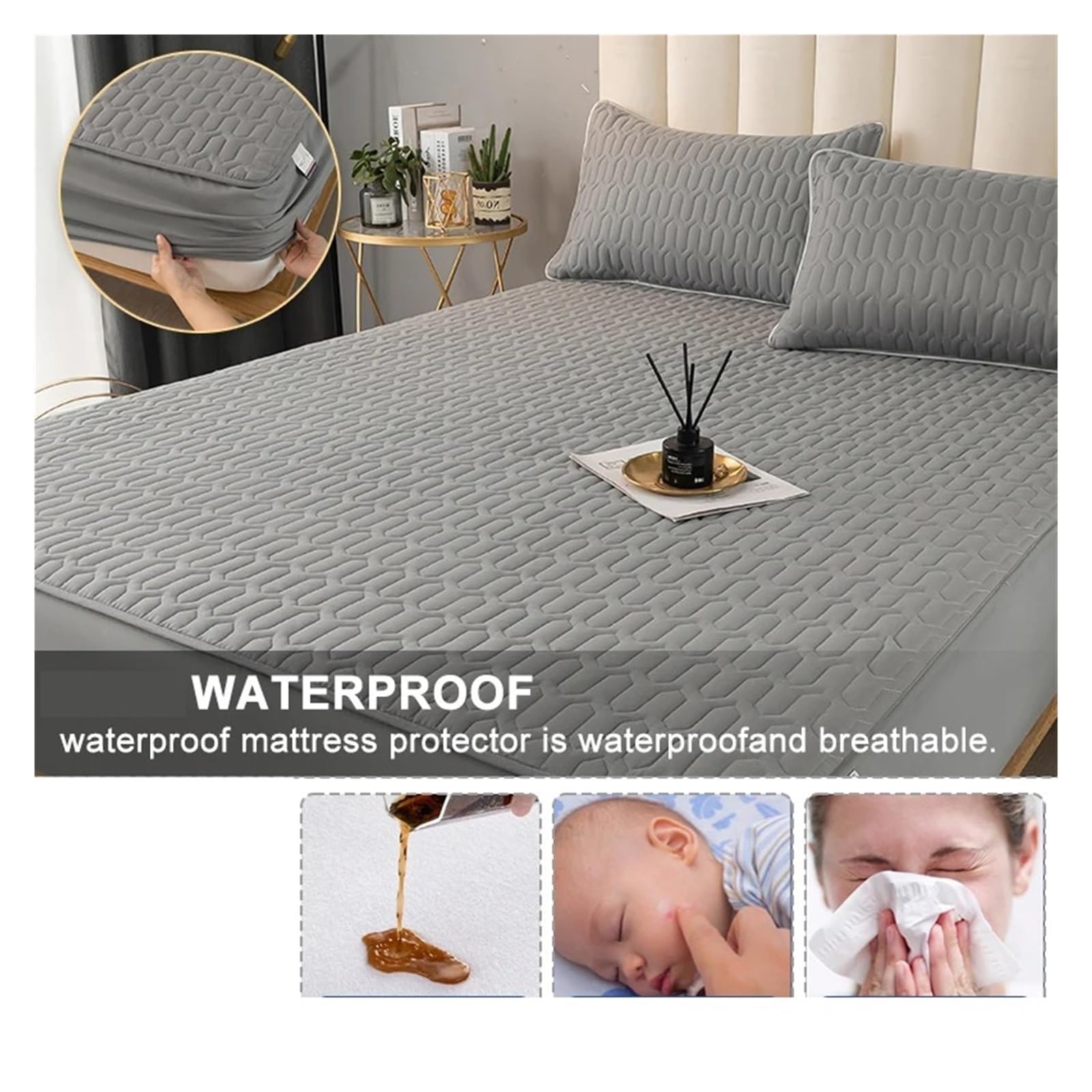 Sobrecolchón Acolchado de Microfibra Funda de colchón gruesa impermeable, colchoneta acolchada de látex, fundas de cama, almohadilla protectora de sábana ajustada respetuosa con la piel(Grey,160x200x3
