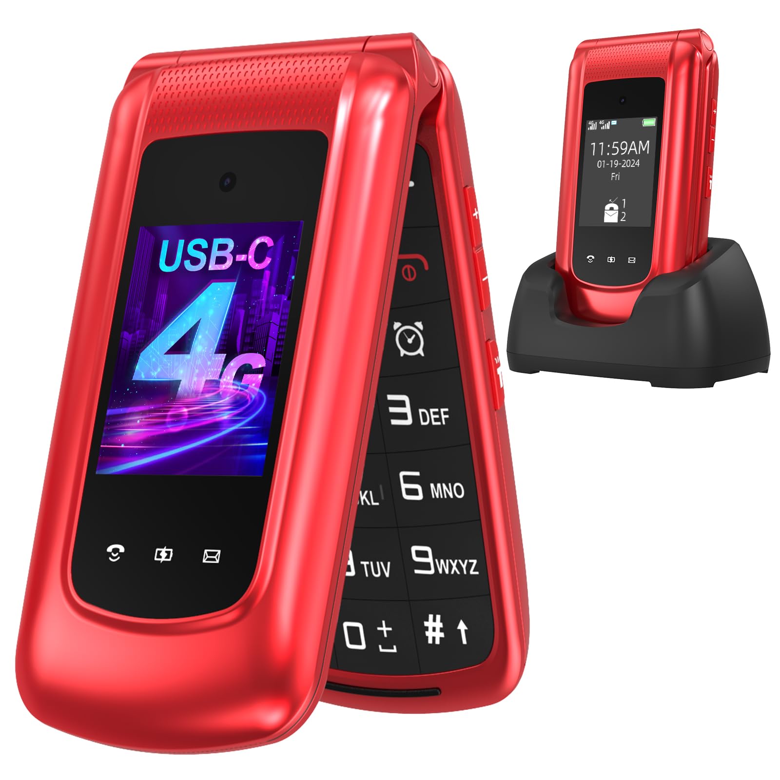 USHINING Teléfono Móvil 4G para Personas Mayores, Teléfono Móvil con Tapa Teclas Grandes Botón SOS Pantalla Doble de 2,4 y 1,77 Pulgadas Doble SIM USB-C Despertador Base de Carga, Fácil de Usar, Rojo