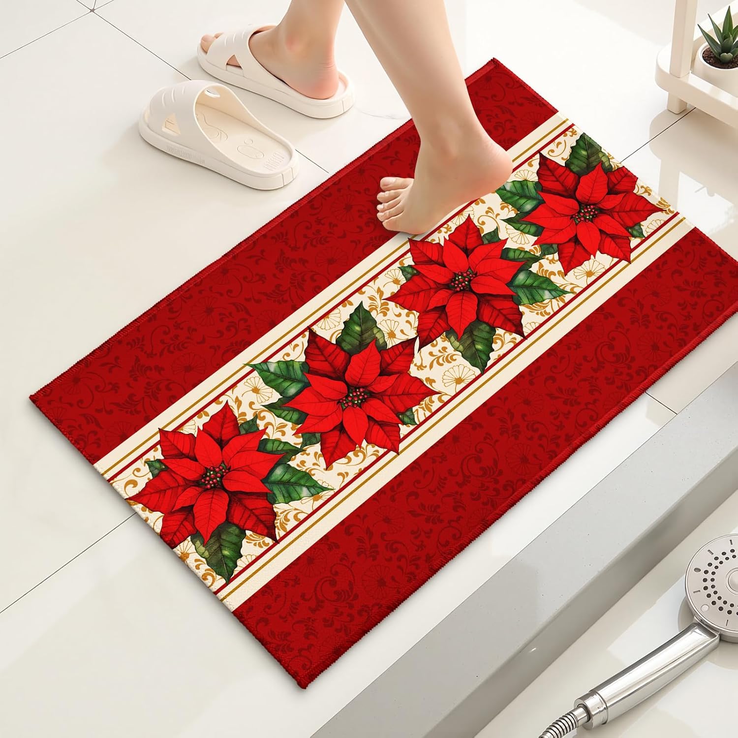 Poinsettia Bath Rug Winter Red Floral Bathroom Mats for Kitchen Sink Bedroom Xmas Flowers Non-Slip Holiday Bathroom Rugs 32x20 Inch for Living Shower Room Bathtub Toilet Tub