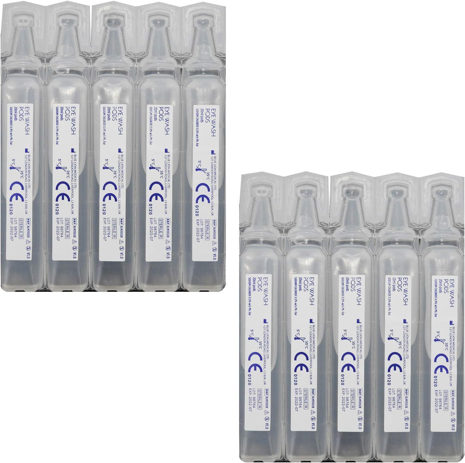 Blue Lion Sterile Saline Solution Eye Wash 20ml Cleansing Cleaning Medical Pods - 10 Pod Pack