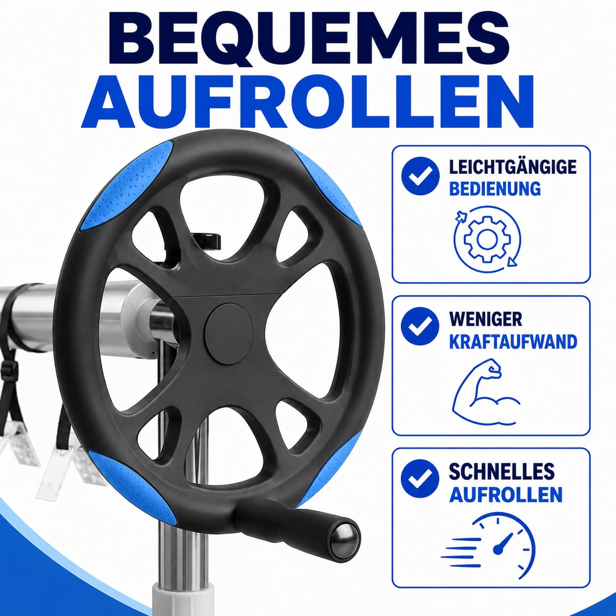 poolomio® Pool Aufroller aus Aluminium | Mobile Auf- und Abrollvorrichtung für Poolabdeckungen & Solarplanen | 180–460 cm verstellbar | UV- & wetterbeständig | Tragkraft bis 60 kg | inkl. Befestigung