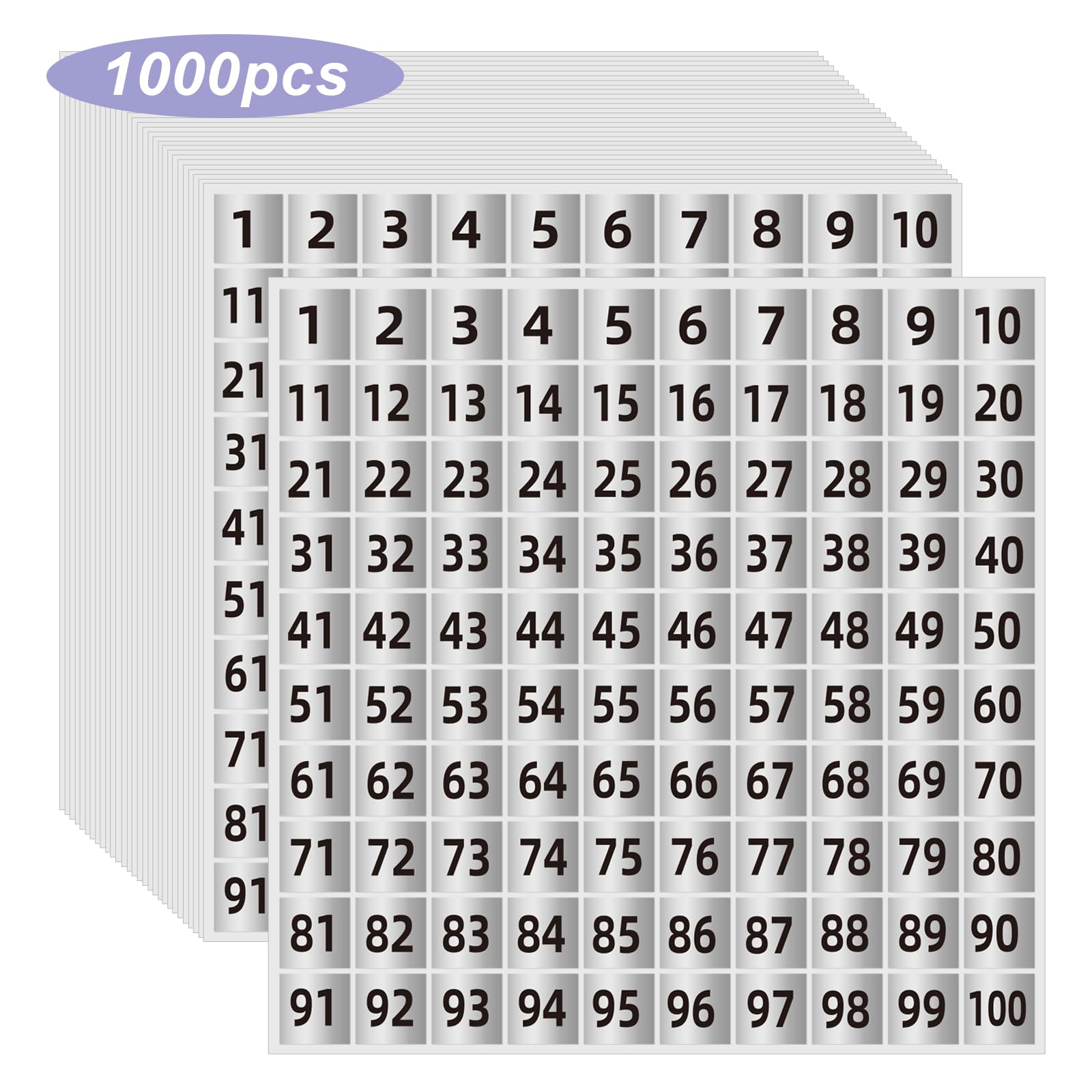 Silver Number Stickers 1 to 100, 1 inch Square Consecutive Number Stickers, Small Number Labels for Inventory, Storage, Organizing, Boxes, Bins,