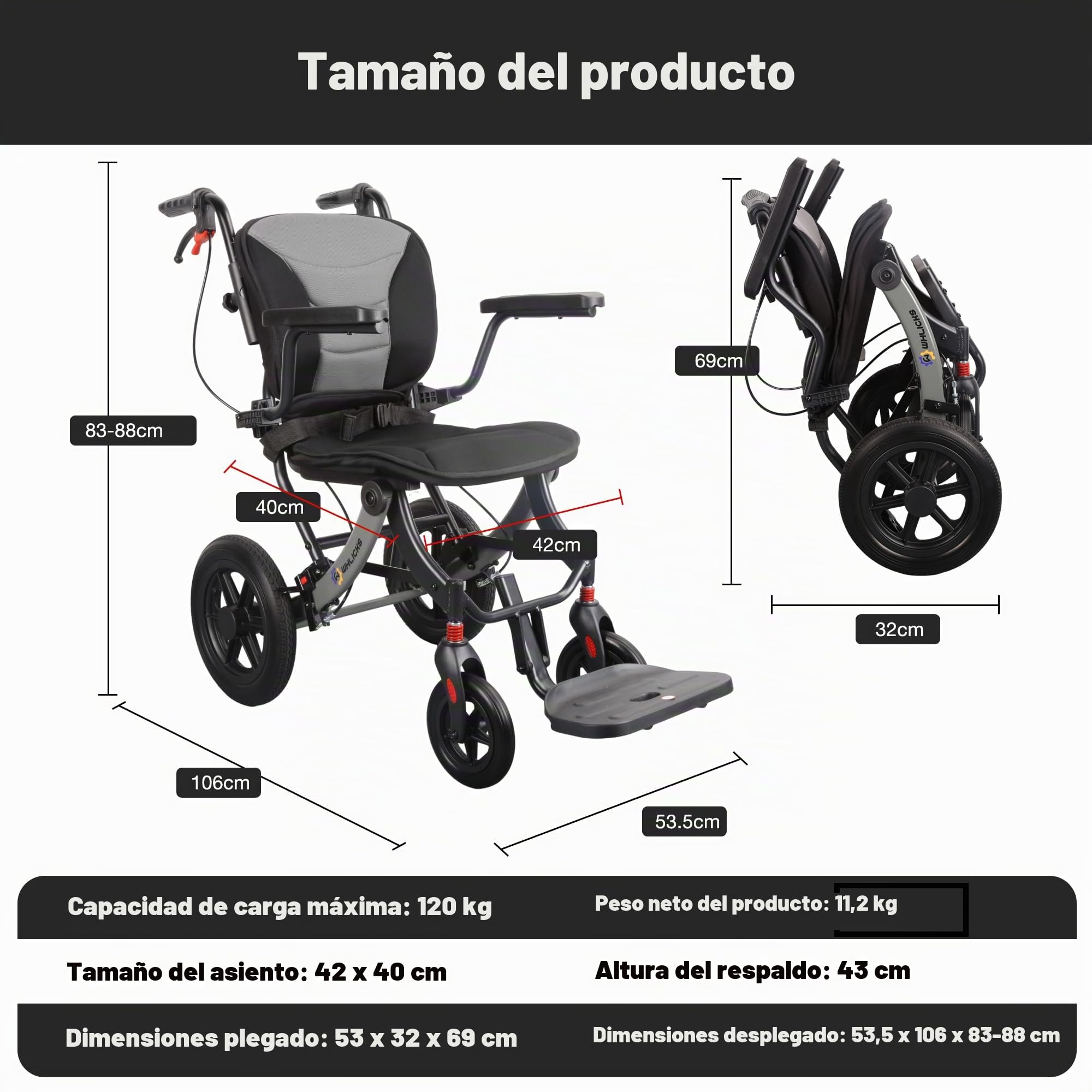 Silla De Transporte Plegable Ligera WHLICKS Para Adultos Y Ancianos, Silla De Viaje Portátil Con Cojín Extraíble Y Ruedas De 12 Pulgadas, Silla De Ruedas Ergonómica Con Altura Ajustable