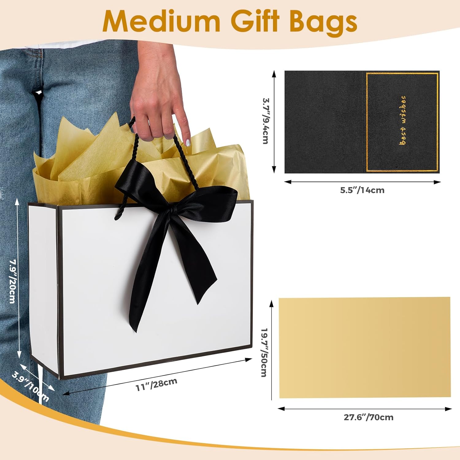 Gfractolux Gift Bags - 2 Pcs Medium Bags with Tissue Paper and Cards, Handles for Birthdays, Baby Showers, Weddings, Parties, Holidays - 11"X7.9"X3.9" (White and Black) - Image 2