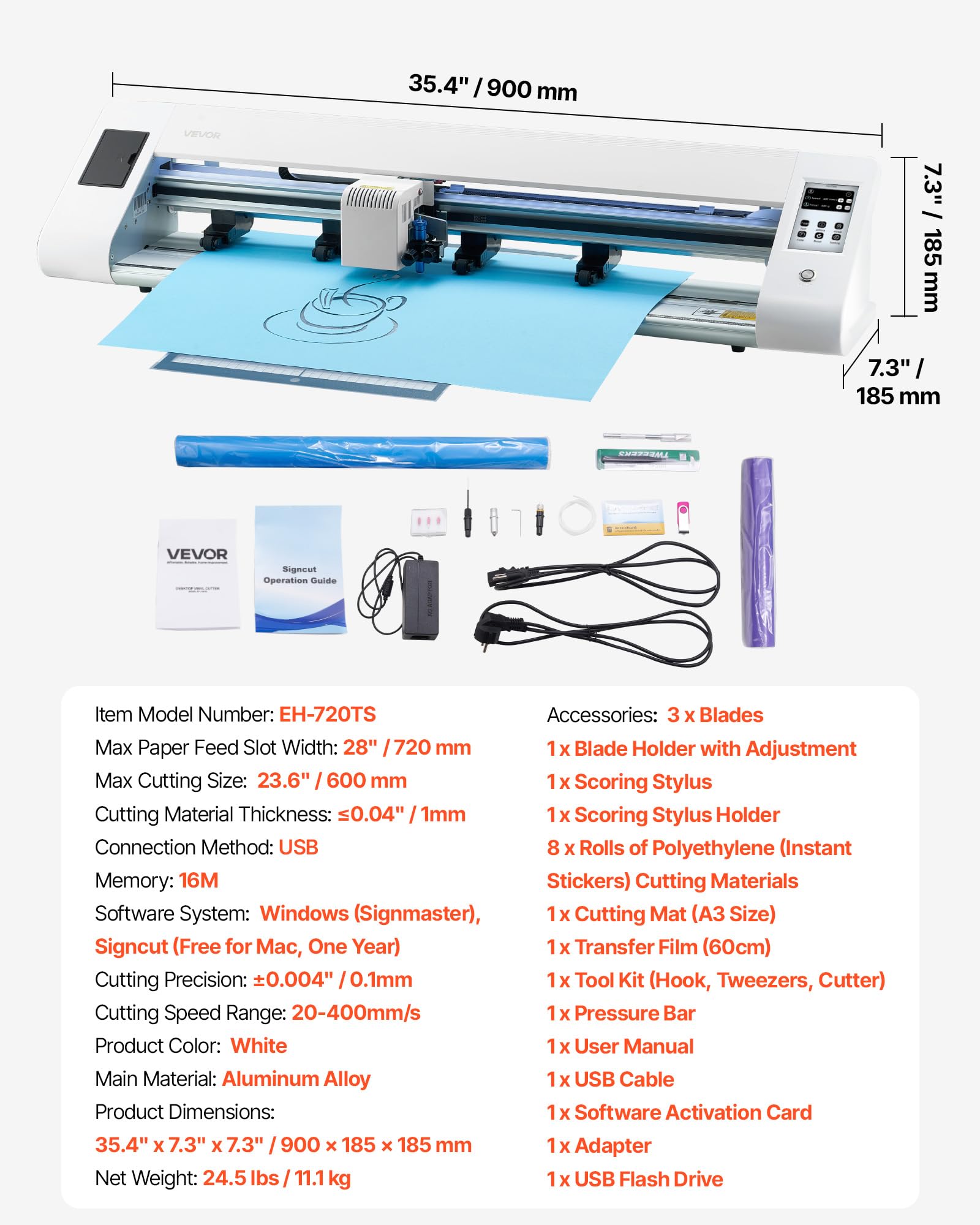 VEVOR Vinylschneider (60 cm Schnittgröße) mit automatischer Kantenerkennung & Designsoftware & 2 Klingentypen & Materialien, kompatibel mit SVG/EPS/PLT, für individuelle DIY-Bastelarbeiten