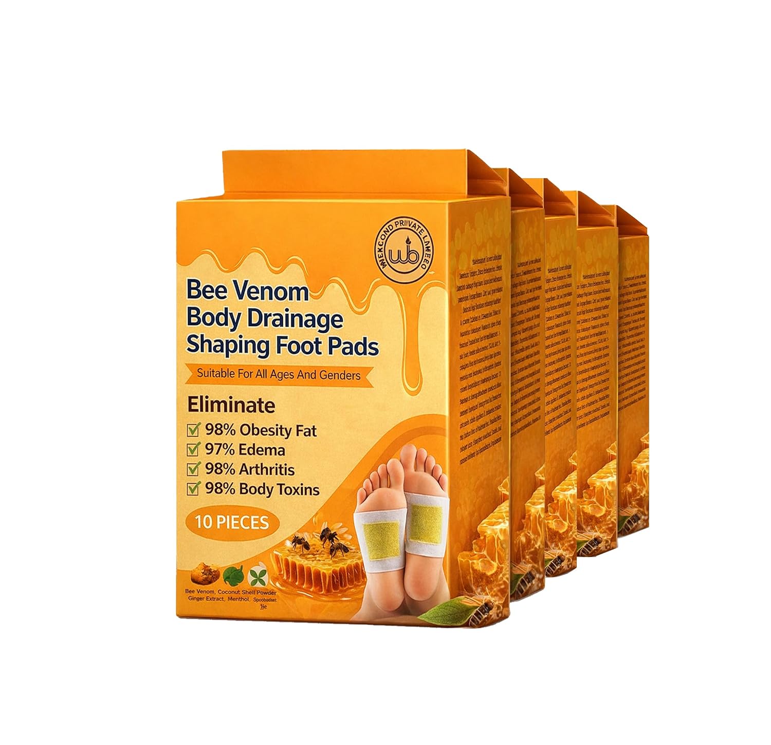 Bee Venom Body Drainage Shaping Foot Pads, Detox Patches with Green Tea Extract, Overnight Use, 10 Pieces (3)
