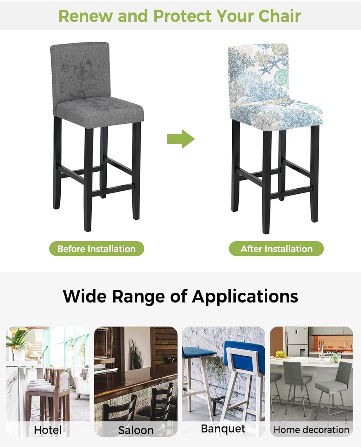 Bar Stool Covers Nautical Coastal Ocean Coral Stretch Removable Bar Chair Cover Beach Themed Blue Teal Counter Slipcovers for Kitchen Pub Dining Room Cafe Furniture Set of 2