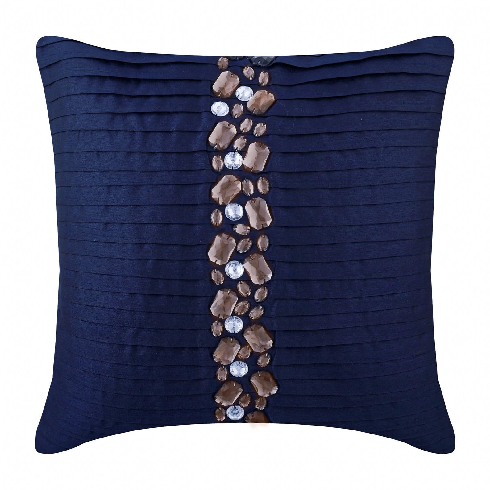 The HomeCentric Navy Blue Cushion Shams, Pintucks and Crystals Pack of 2, 60x60 cm (24"x24") Cushion Shams, Square Silk Cushion Sham, Modern Cushion Shams, Stripe Pillow Cases - Navy Blue Crystals