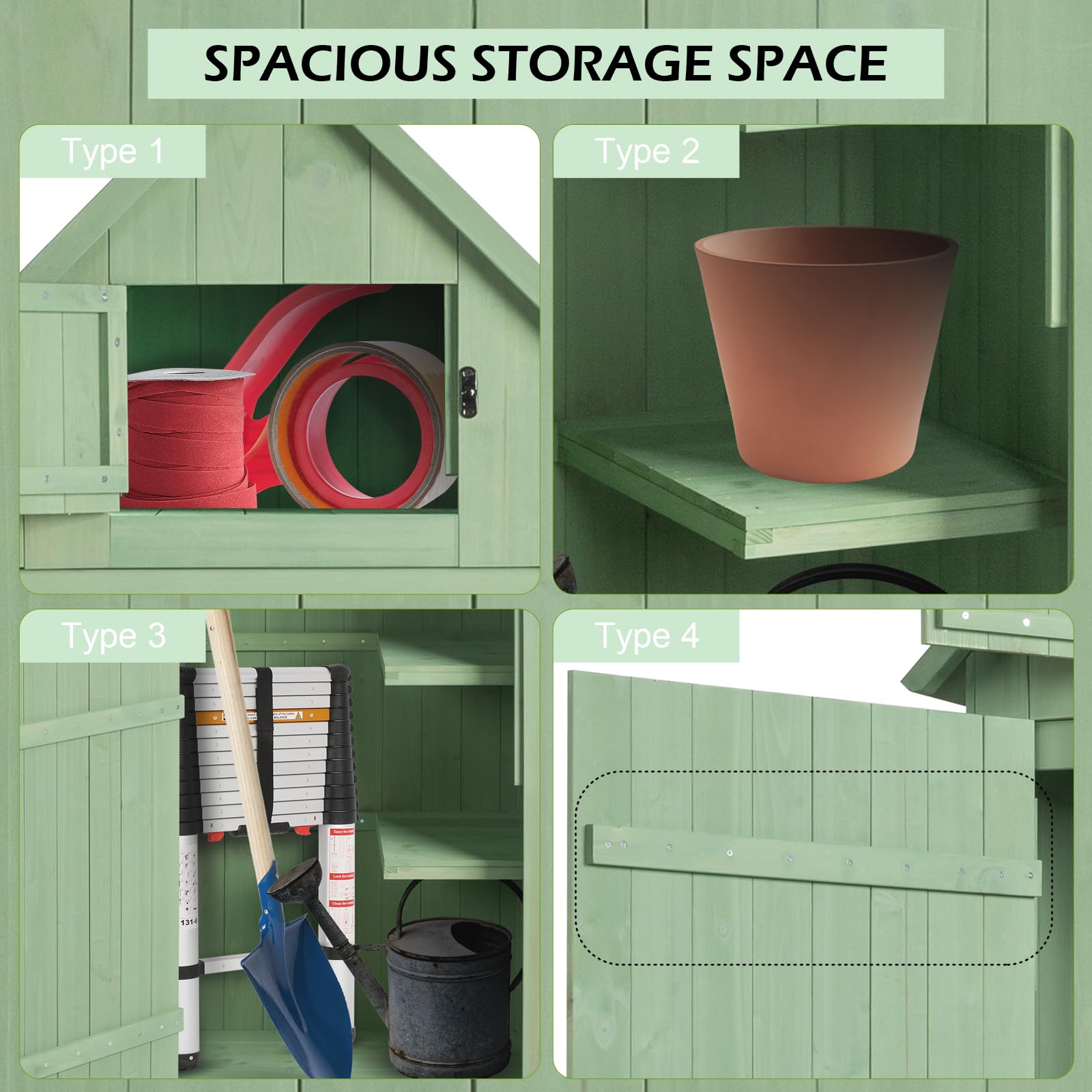 Outopee Wooden Garden Shed with Single Door and Slope Roof, Outdoor Storage Shed, Waterproof Utility Wooden Lockers, 77 x 54.3 x 179 cm, Green — view 7