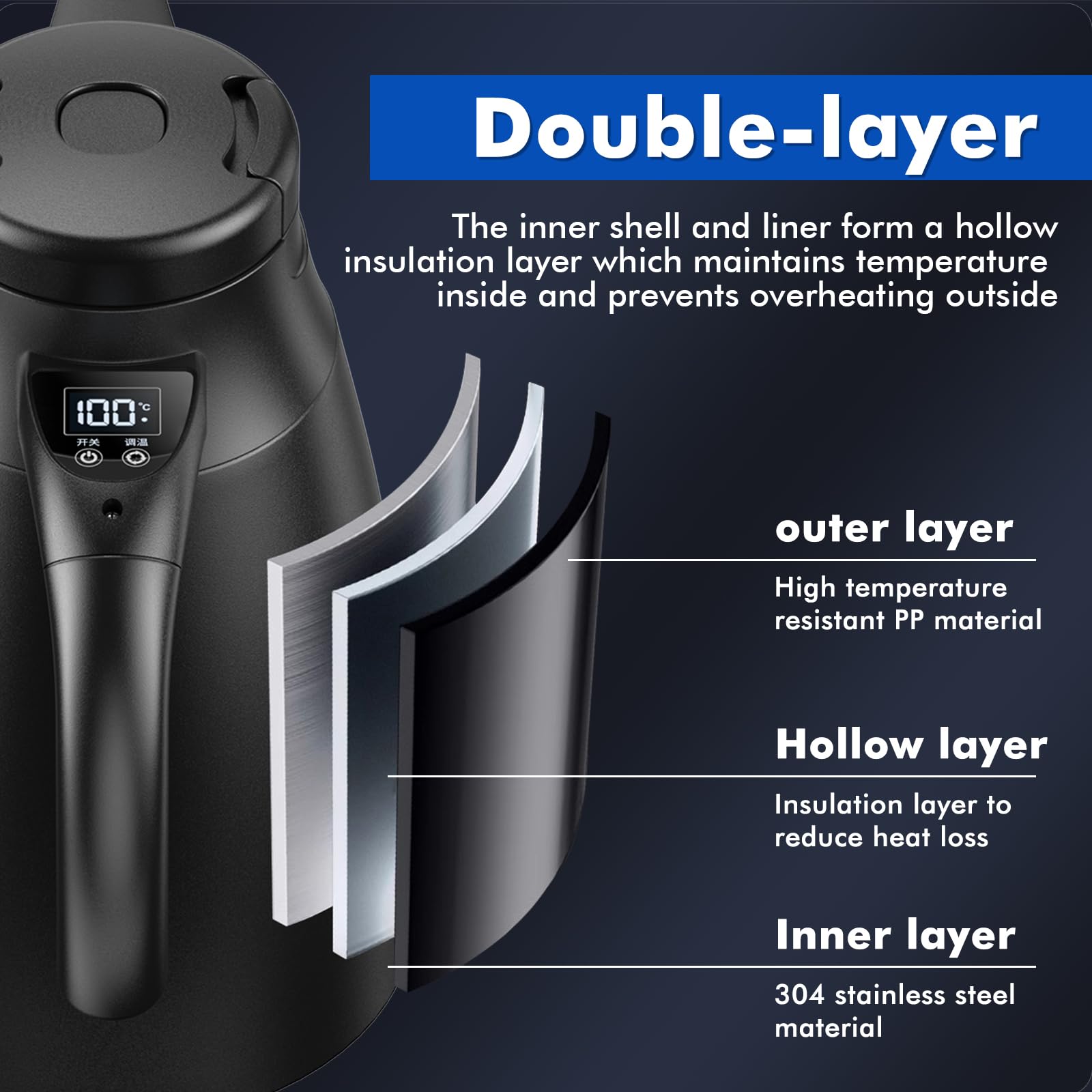 Bollitore elettrico portatile da viaggio, 12 V/24 V, 1,2 litri, in acciaio inox, con presa accendisigari, fino a 100 °C, con display LCD per acqua calda, caffè, tè, auto, camion, campeggio