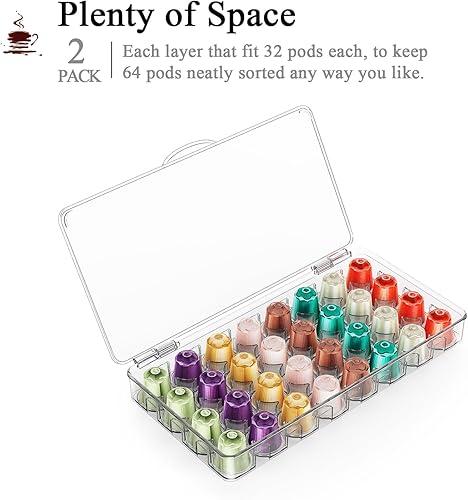 Miniatura 7 de Yiktop Soporte para cápsulas de café, soporte para cápsulas de café, 64 ranuras, organizador de cápsulas de café con tapa, paquete de 2, transparente