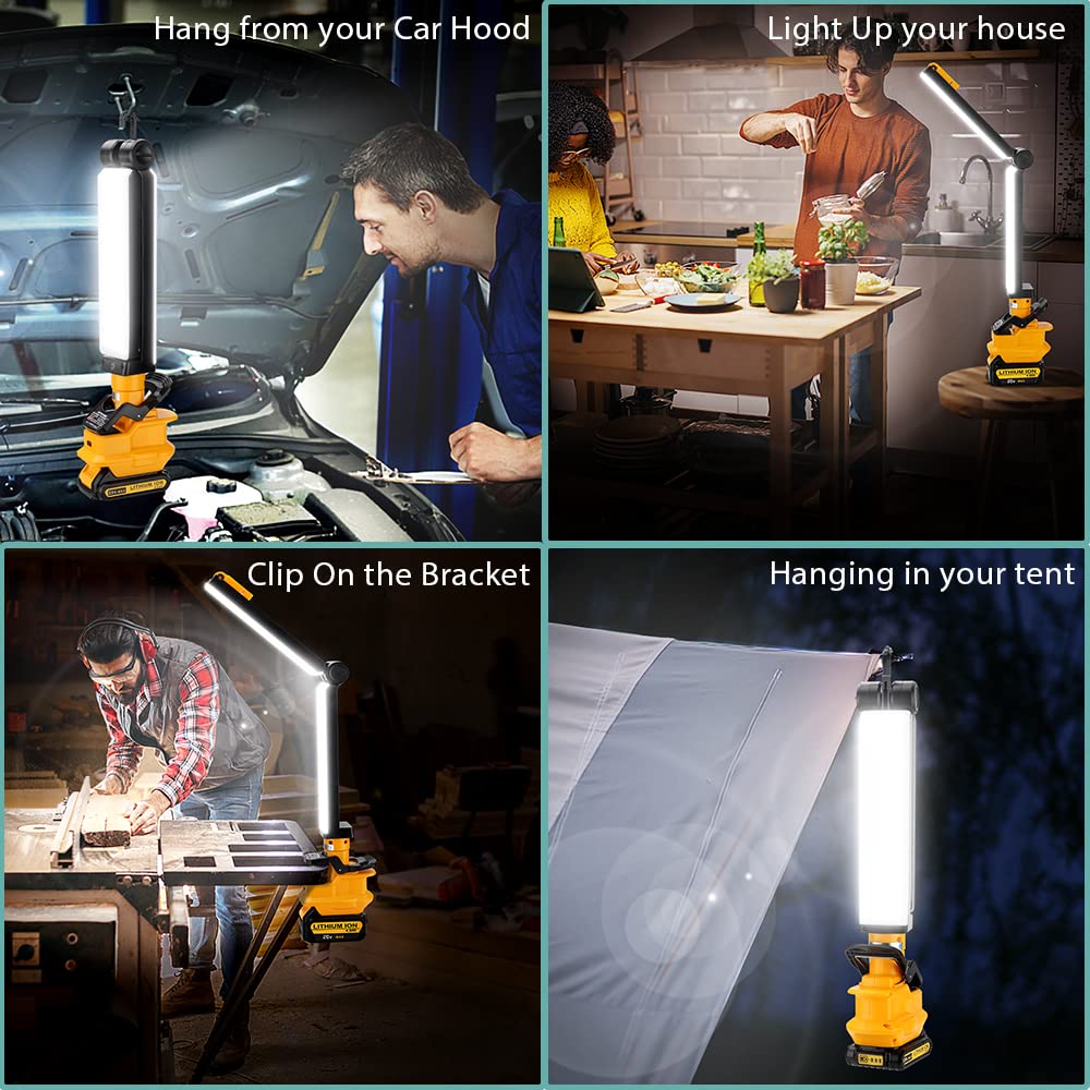 18V Lampe de Travail sans Fil à LED Lampe de Camping Compatible avec Dewalt 18V la Batterie au Lithium Lampe Clip avec Port USB pour l'entretien Automobile Éclairage de Grenier de Camping