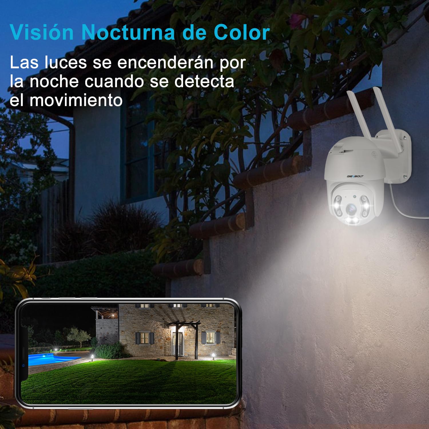 GENBOLT 2.5K Cámara Vigilancia WiFi Exterior con PTZ PoE Cámara | Seguimiento Automático, Detección Humana, Visión Nocturna a Color, Sirena Activa Alarma, CCTV
