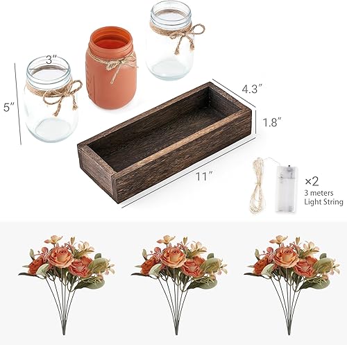 Miniatura 4 de Mkono Luces de Frasco Mason Centro de Mesa Decoraciones de Mesa para Comedor Decoración de Mesa de Café Estilo Granja Bandeja con 3 Frascos Centros