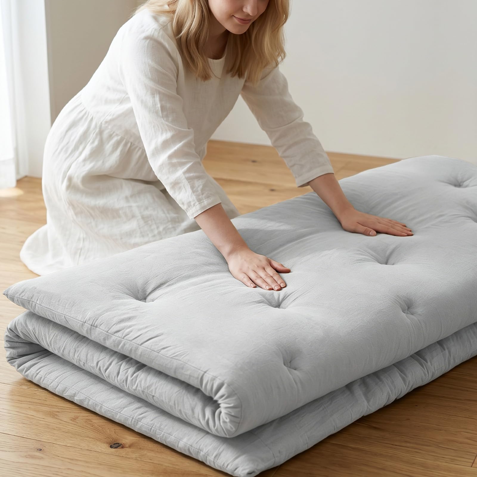 ZonLi Japanese Floor Futon Mattress Full Size 75"x 54", 100% Cotton Cover 2.5" Thicken Tatami Mattress, Foldable Sleeping Pad, Portable Dormitory Tatami Mat, Roll Up Floor Lounger Bed for Adult