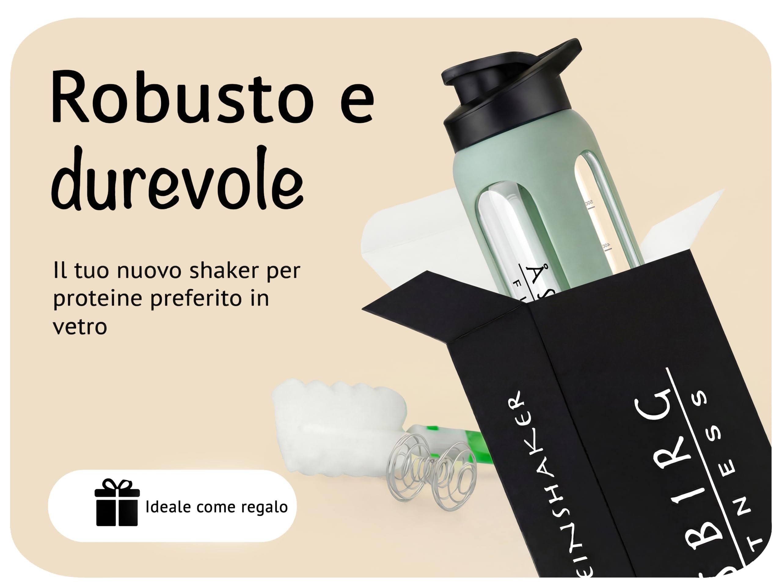 Shaker Proteine in Vetro 700 ml – Senza BPA, a Prova di Perdite & Robusto – Shaker per Proteine con Palla Mixer in Vetro Borosilicato – Bottiglia per Frullati e Sport | Verde Pastello