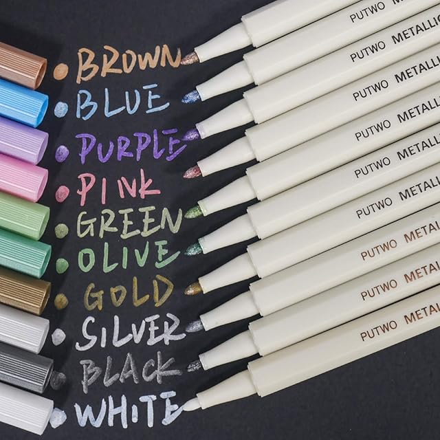 PuTwo Metallic Marker Pens, 10 Assorted Colours Water Proof Metalic Marker Pens, Multi Surfaces Metallic Paint Marker for Scrapbooking, Cardstock, Easter Gifts for Kids, Easter Gifts for Children