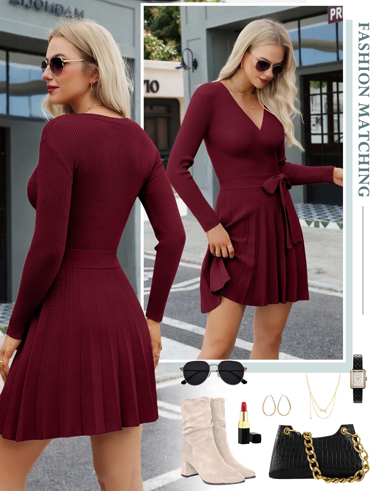 Vestido Invierno Mujer Suéter de Punto Vestido Elegante Manga Larga Cuello en V Vestidos de Fiesta A-Line Mini Cintura Alta Casual Jersey Túnica para Otoño