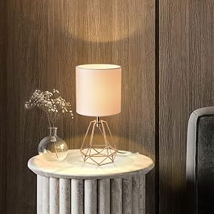 Vintage Metal Table Lamp, Modern Geometric Small Bedside Desk Lamp with TC Fabric Shade, Farmhouse Hollowed Out Base Small Nightstand Lamp for Bedroom Living Room France Gold