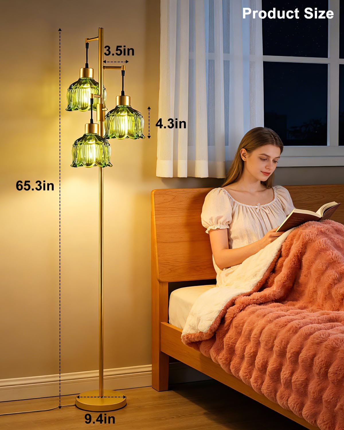 Gold Floor Lamps for Living Room, 3-Light Dimmable Floor Lamp with Green Glass Shade& E12 Bulbs Included, 65'' Mid Century Tall Standing Lamp for Bedroom/Sofa Beside/Corner Decor