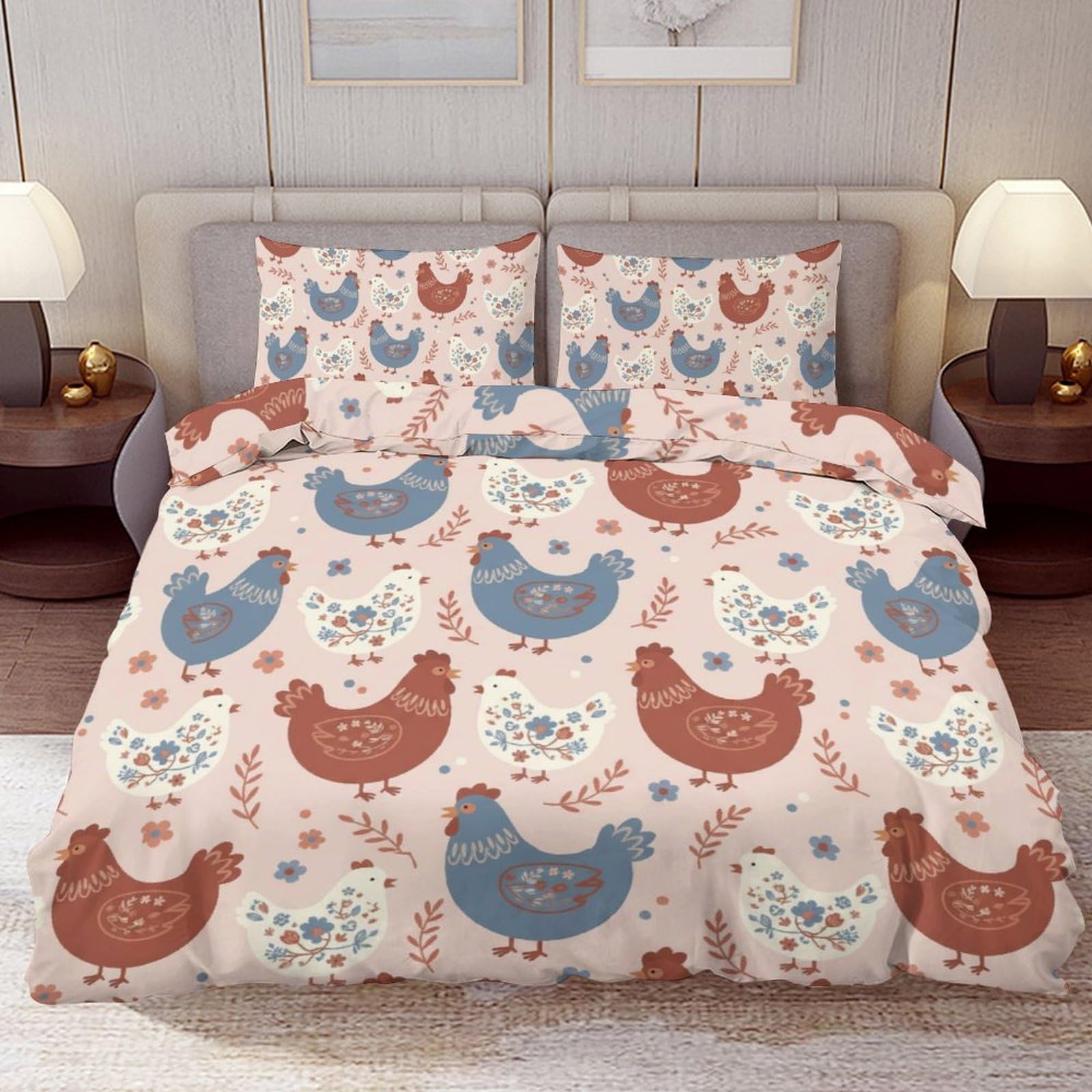 Delerain Comforter Cover Set Queen Size, Cute Hen Chicken 3-Piece Bedding Set for Women Men Modern Soft Microfiber Bedroom Set Room Decor, 1 Duvet Cover + 2 Pillowcases