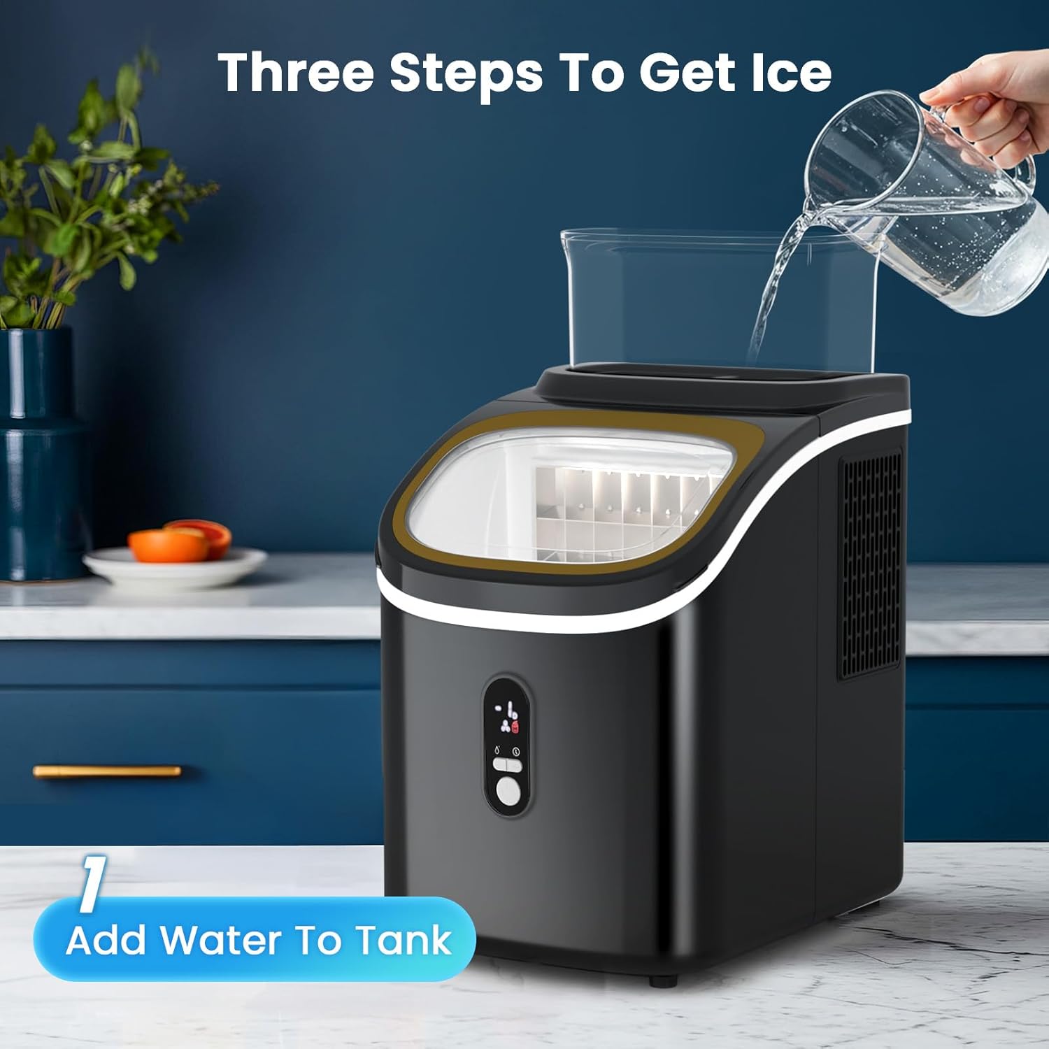 WAA Portable Countertop Ice Maker, Self-Cleaning Ice Maker with Ice Scoop, Basket and Handle, 16 Square Ice Cubes in 13Mins, Produce 30lbs/24Hrs Ice Cubes for Home, Office, Black