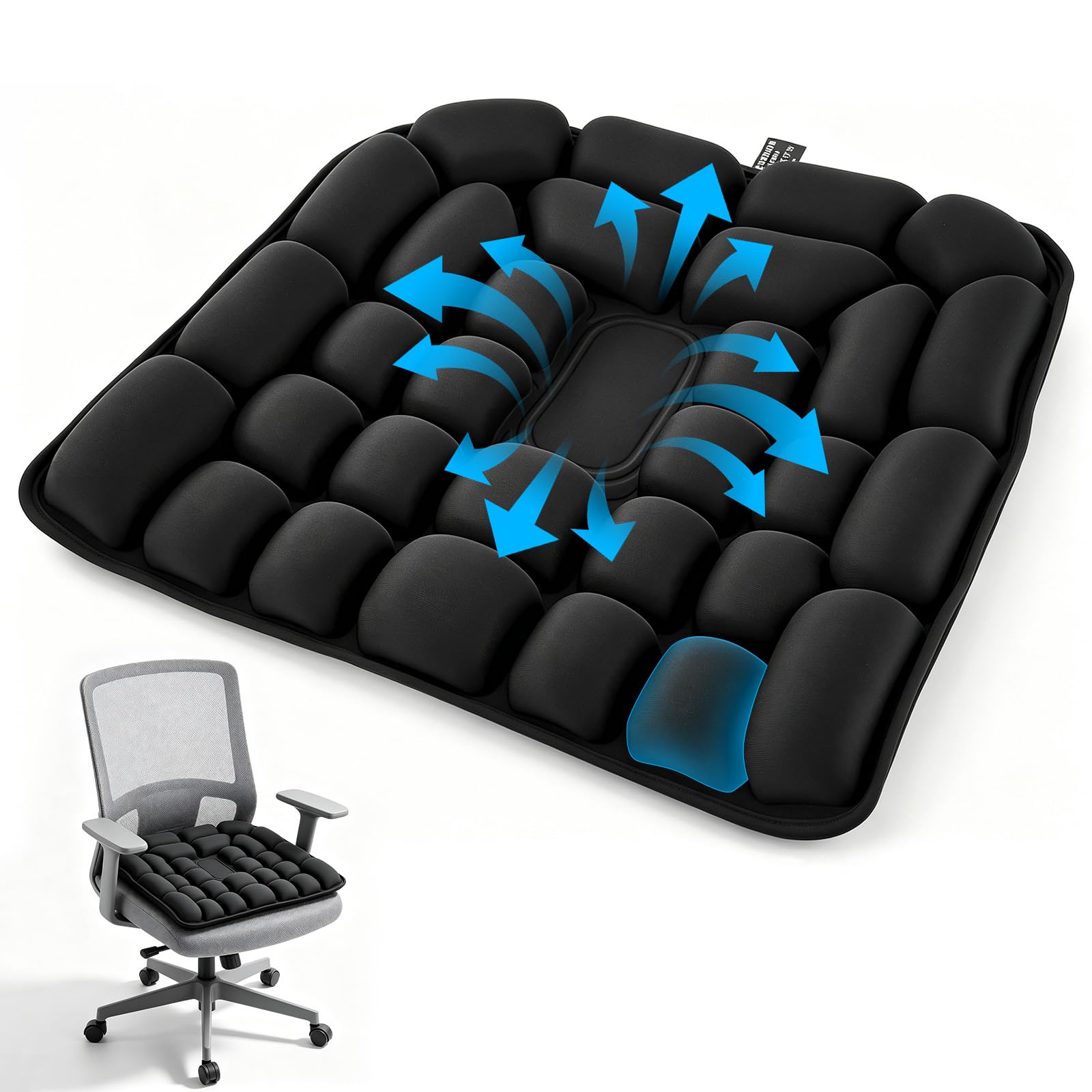45 x 40 cm, cojín de asiento antidecúbito, ortopédico ergonómico, cojín de asiento ergonómico con células de aire 3D, cojín inflable para coche, oficina, hogar, silla negro
