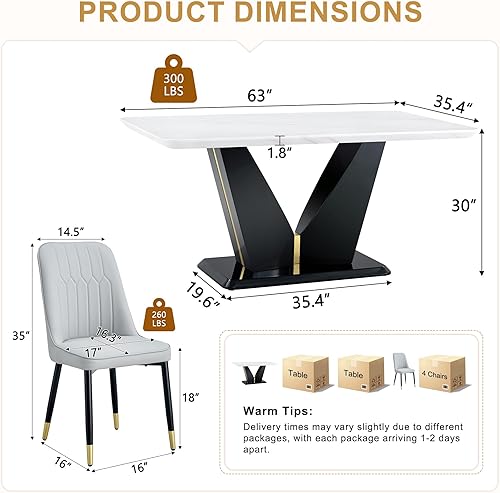 Miniatura 2 de Juego de mesa de comedor de 5 piezas, moderno juego de mesa de comedor de mármol para 4, juego de mesa de cocina blanca para 4, mesa rectangular y