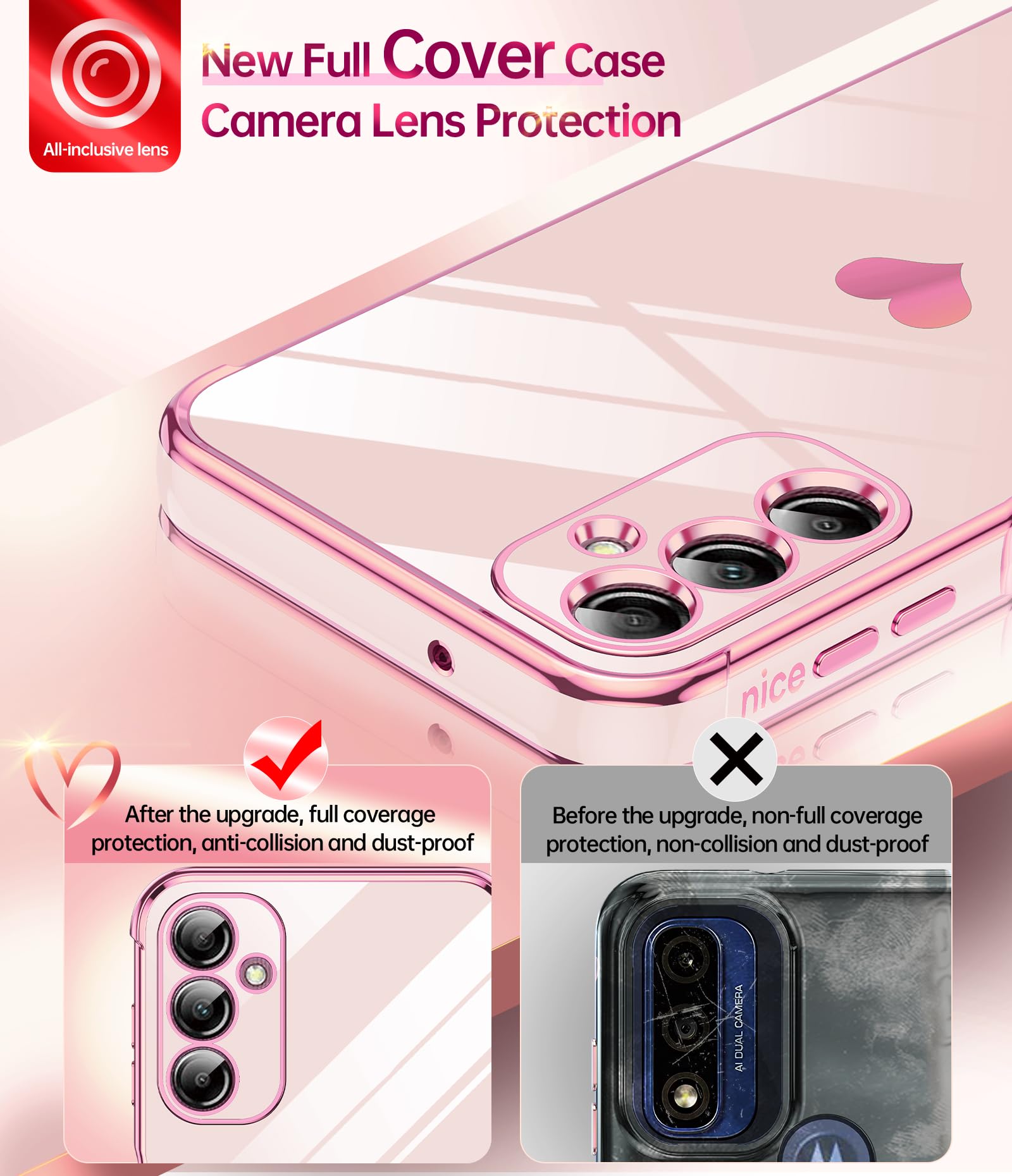 LeYi for Galaxy A14-5G Phone Case: Screen Protector [2 Pcs]+ Full Camera Lens Protection, Love Heart Plating Girly Luxury Shockproof Cell Cover Basic funda para Samsung Galaxy A 14, Pink