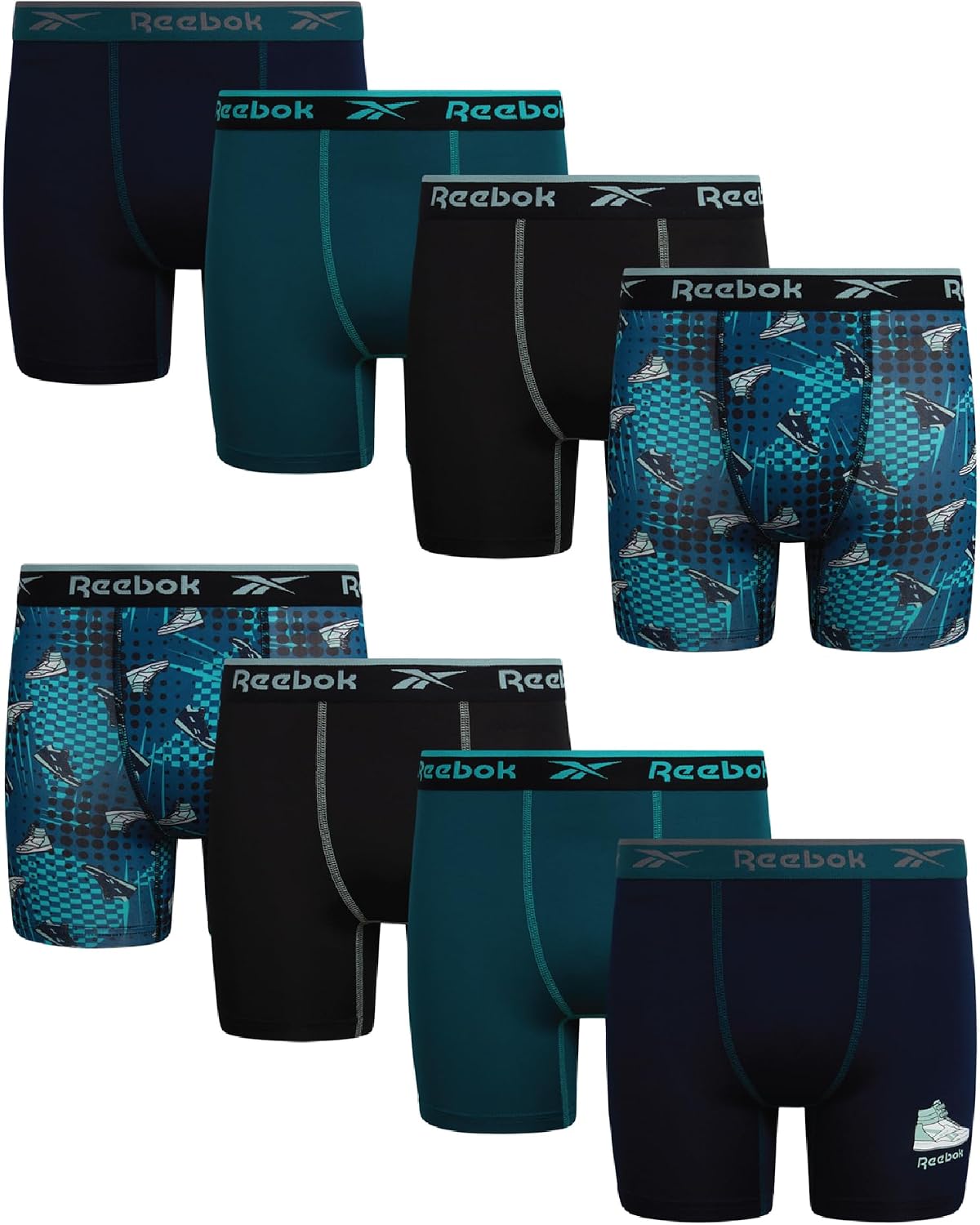 Reebok Boys Boxer Briefs - 8 Pack Soft Comfort Stretch Performance 5” Inseam Moisture-Wicking Boys Underwear Boxers