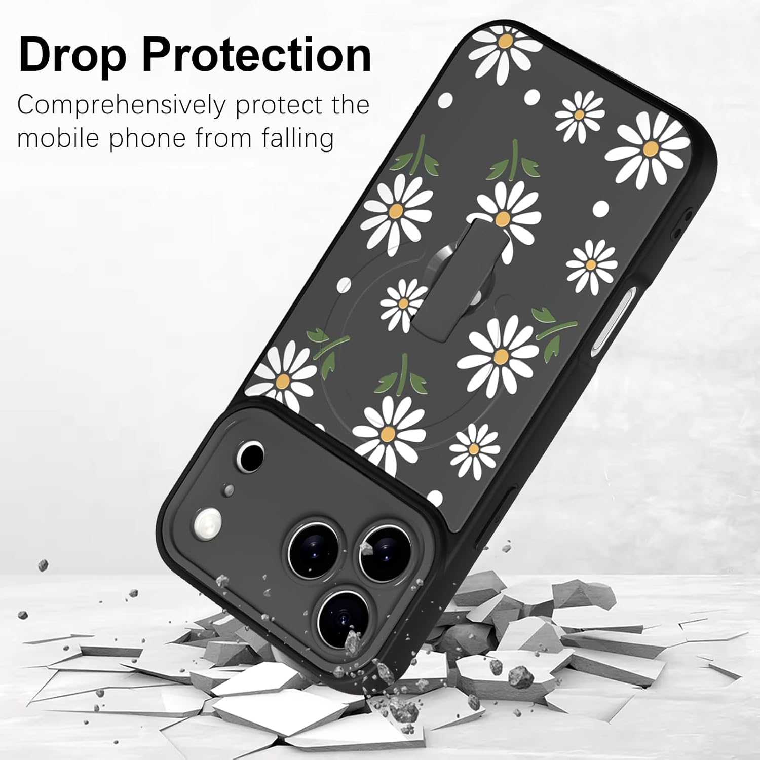 Fiyart Designed for iPhone 17 Pro Case Cute Daisy Flower Built-in Finger Strap Phone Grip Kickstand for Women Girls,Compatible with MagSafe TPU Hard PC Shockproof Camera Protection 6.3"-White Floral