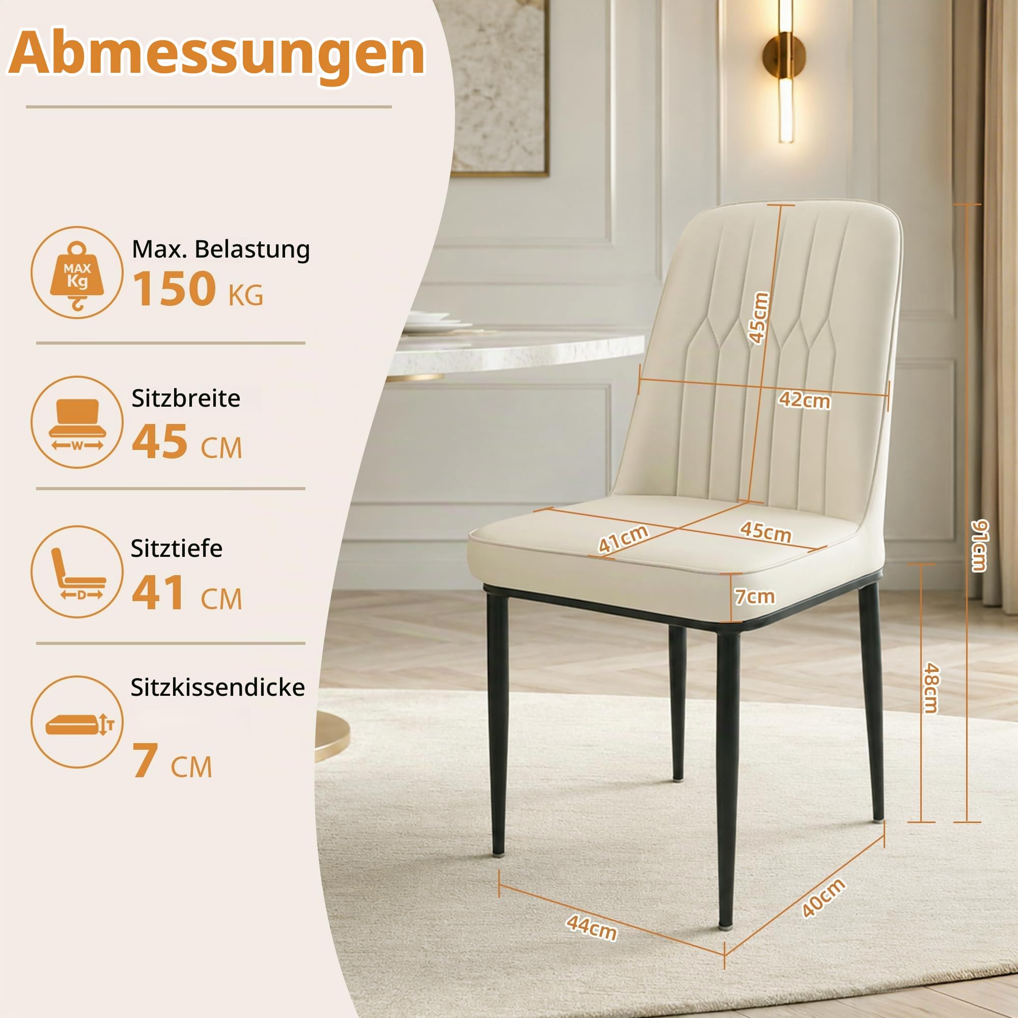 Durrafy Esszimmerstühle 2er Set aus Kunstleder, Gepolsterte Küchenstühle mit Hoher Rückenlehne, Moderne Polsterstühle mit Metallbeinen, Robuste Esszimmerstühle für Esszimmer Küche Wohnzimmer, Creme