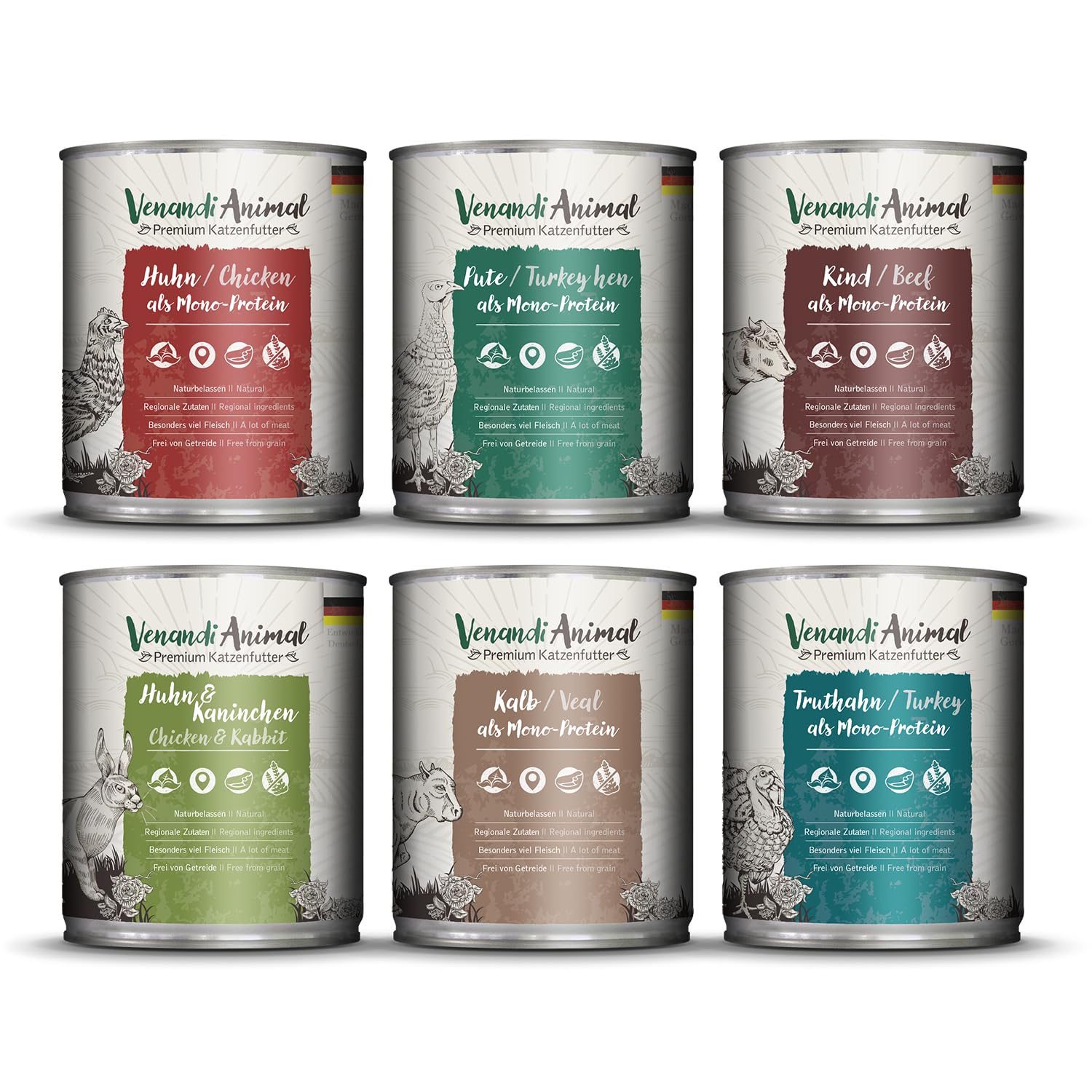 Venandi Animal Premium cibo umido per gatti, confezione di prova III, pollo, tacchino, manzo, pollo + coniglio, vitello, tacchino, 6 x 800 g, senza cereali e naturale, 4.8 kg