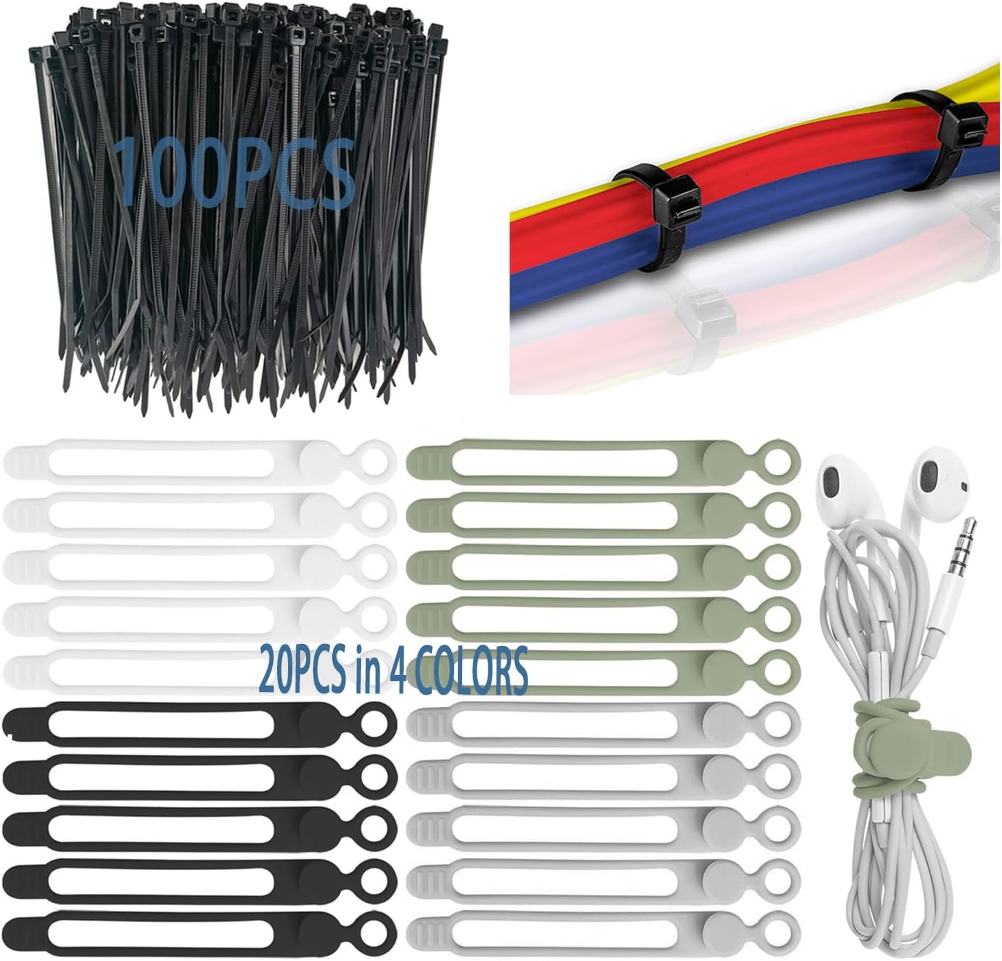 120 Pcs Cable Organizer Set, 20pcs Silicone Cable Ties Reusable & Nylon Cable Ties 100pcs, Multipurpose Elastic Cord Management Organizer for Charger, USB, Phone, Data Cables - Black and White