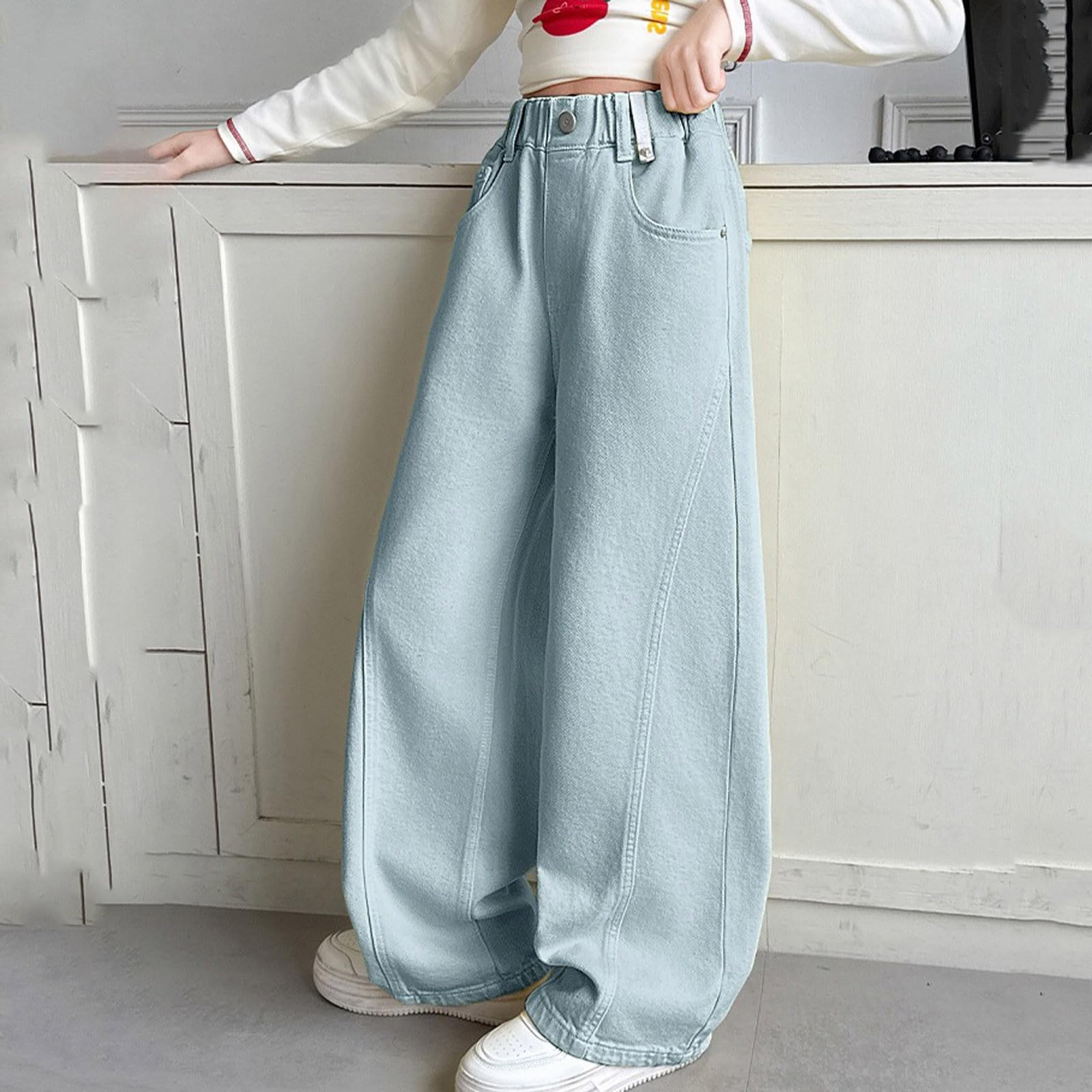 Jean Baggy Enfant Fille Ete Taille Elastique 4-12 Ans été Pantalon Denim Jambe Large Ado Fille Ample a La Mode Confortable Pas Cher Chic École Casual Vacances
