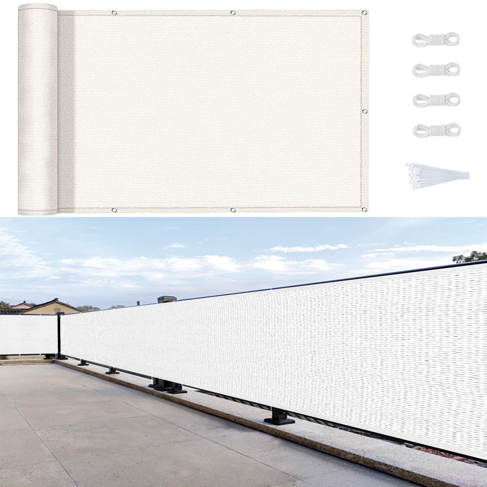 Balcony Privacy Screen Cover 95 x 600 cm Anti-Peeping Anti-Rain Anti-Ultraviolet Wind Breaker Fencing Screening with Holes and Cable Ties for Balcony and Garden Patio, White
