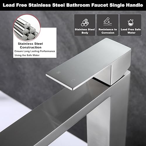 Miniatura 5 de AML-11411-BN - Grifo de lavabo de níquel cepillado, grifo alto de baño de un solo agujero, níquel cepillado con drenaje emergente, AML-11411-BN