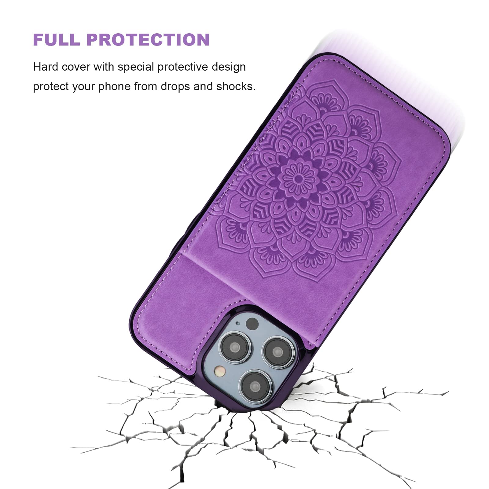 Vaburs Compatible With IPhone 14 Pro Max Case Wallet With Card Holder, Embossed Mandala Pattern Flower PU Leather Double Buttons Flip Shockproof Cover For Magnetic Car Mount 6.7 Inch (Purple