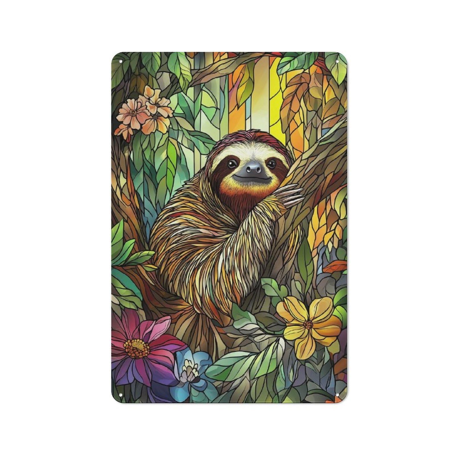 Junmoney Style-23 Sloth In Jungle Stained Glass Everyday Metal Wall Decor 30X20cm, Decorative Tin Plaque For Flat, Dorm Room, Lounge Or Cafe
