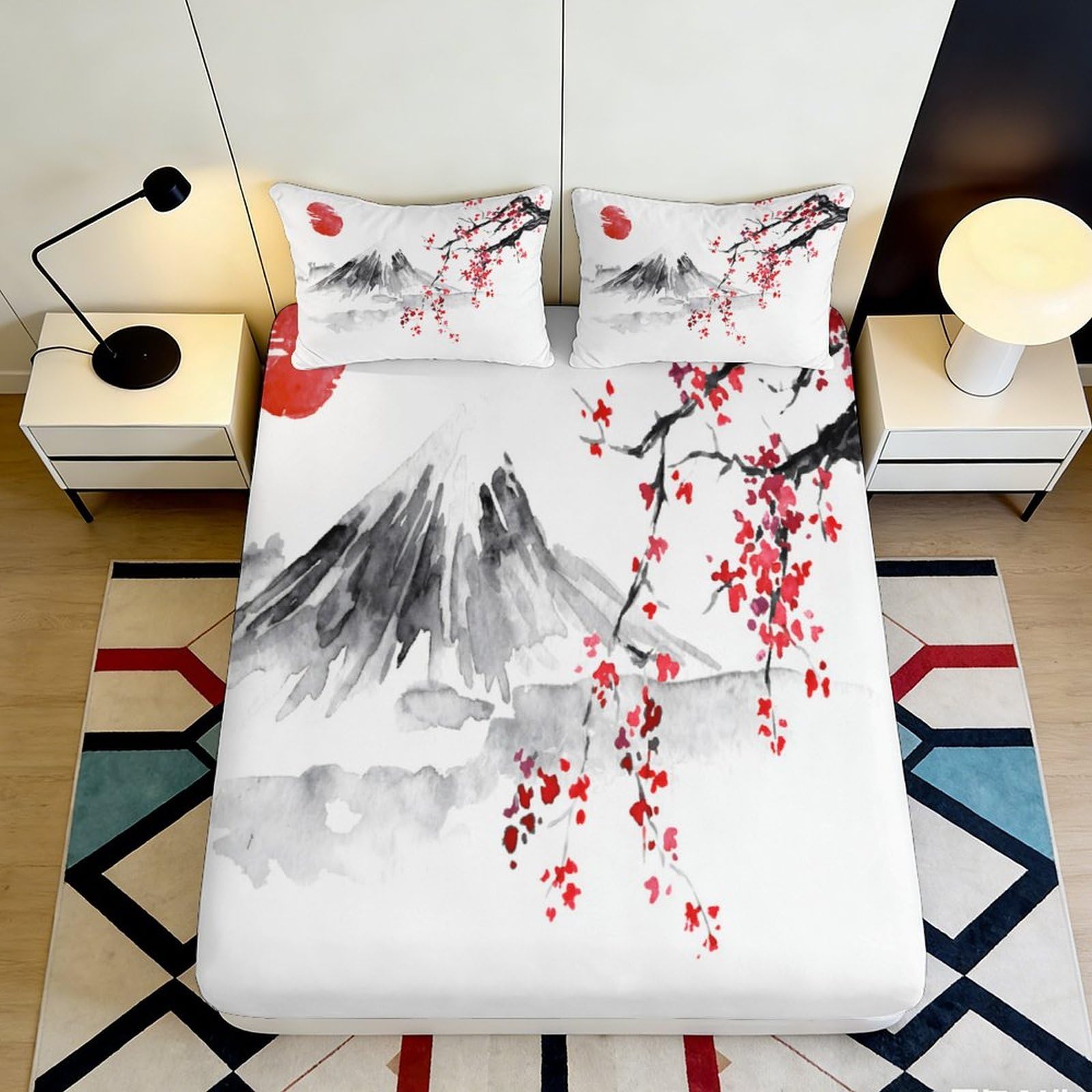 3D Printed Ink Landscape Fitted Sheet Microfiber Soft Cherry Blossom Mattress Cover Bedroom Decor Washable 90x200x25cm