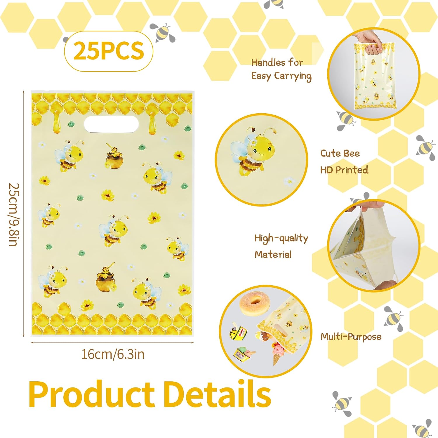 Mikzhskr 25Pcs Bee Party Favor Bags with Handles Plastic Waterproof Goodie Candy Snacks Bag Yellow Gift Pack for Honeybee Themed Birthday Party Decoration Honey Business Supplies, 9.8 x 6.3 in image 2
