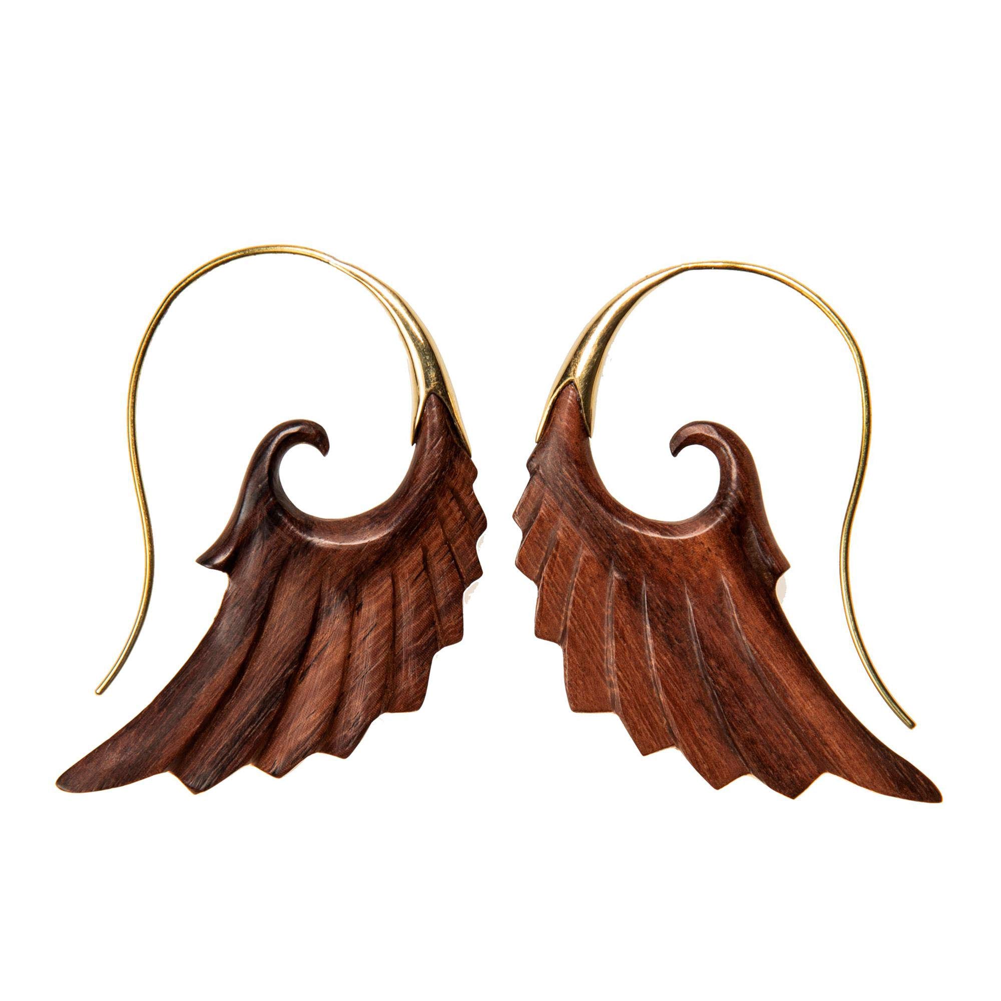 81stgeneration Orecchini a Forma di Ali D'angelo a Spirale in Legno Intagliato a Mano in Ottone Dorato | Orecchini Pendenti in Legno con Simbolico Uccello | Orecchini Tribali con Piume per Donna