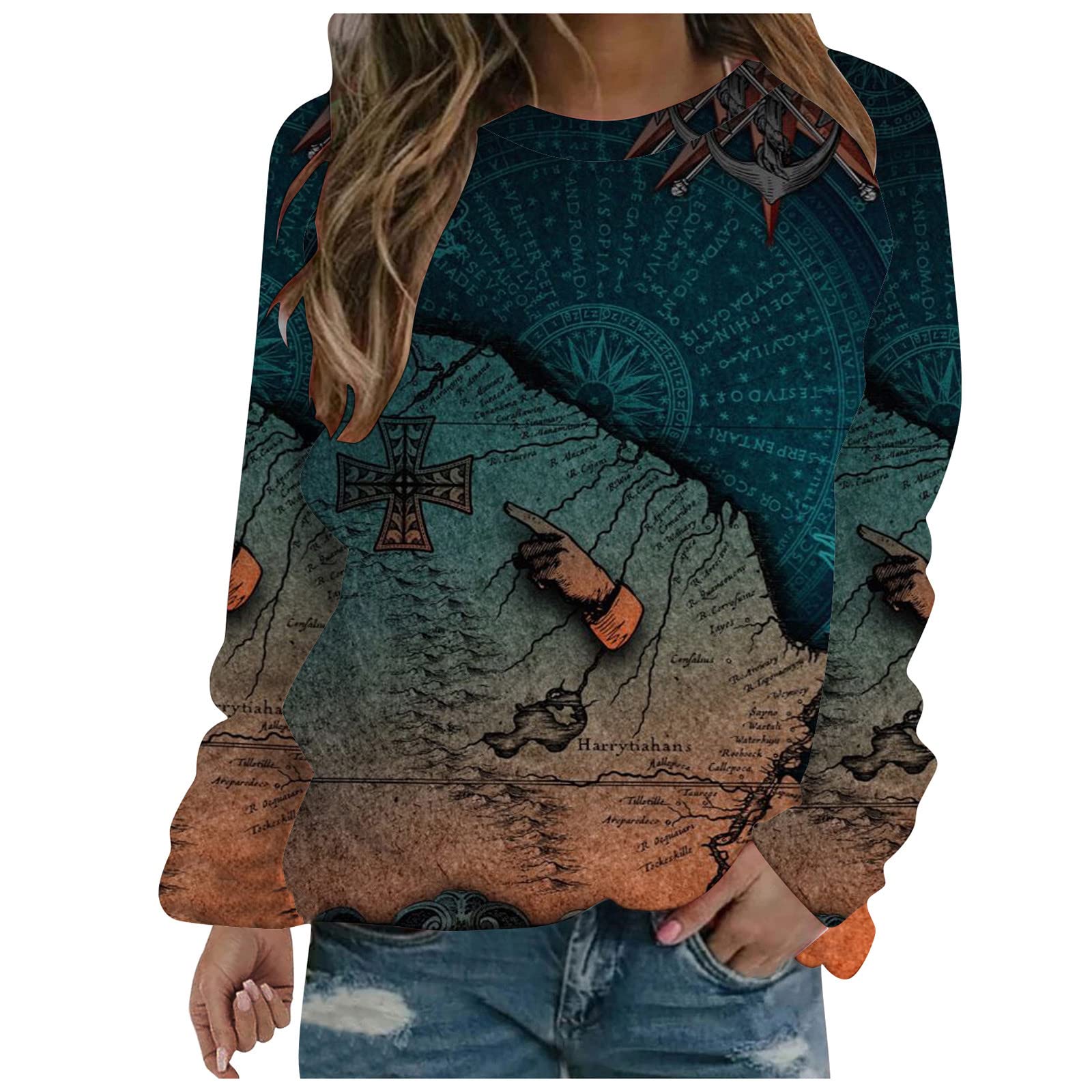 Womens Tunic Tops Crew Neck Long Sleeve Patchwork T-Shirt Sale Clearance Patchwork Dressy Pullover Workout