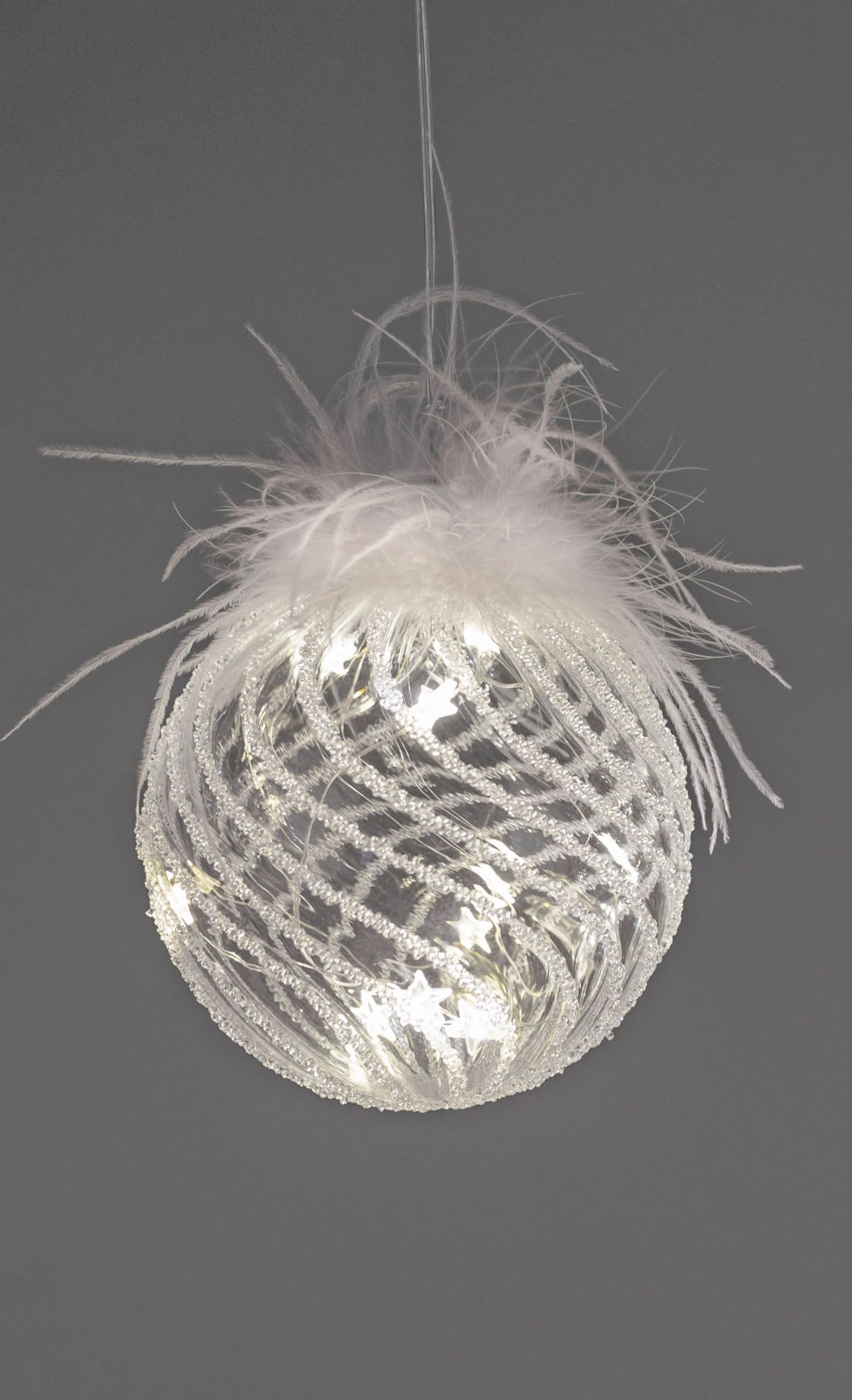 LED Hänger Kugel aus Glas mit Timer Winterdeko mit Federn - Stimmungslicht mit Batteriebox - Hängedekoration beleuchtet für Weihnachten, Fenster & Festliche Winterzeit (12 cm)