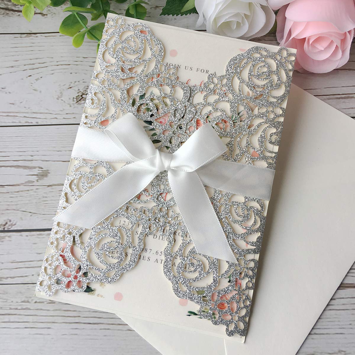 20 Pezzi Invito a nozze tagliati al laser Argento con busta bowknot per matrimonio partecipazioni di nozze, 20 pezzi (Glitter Argento)