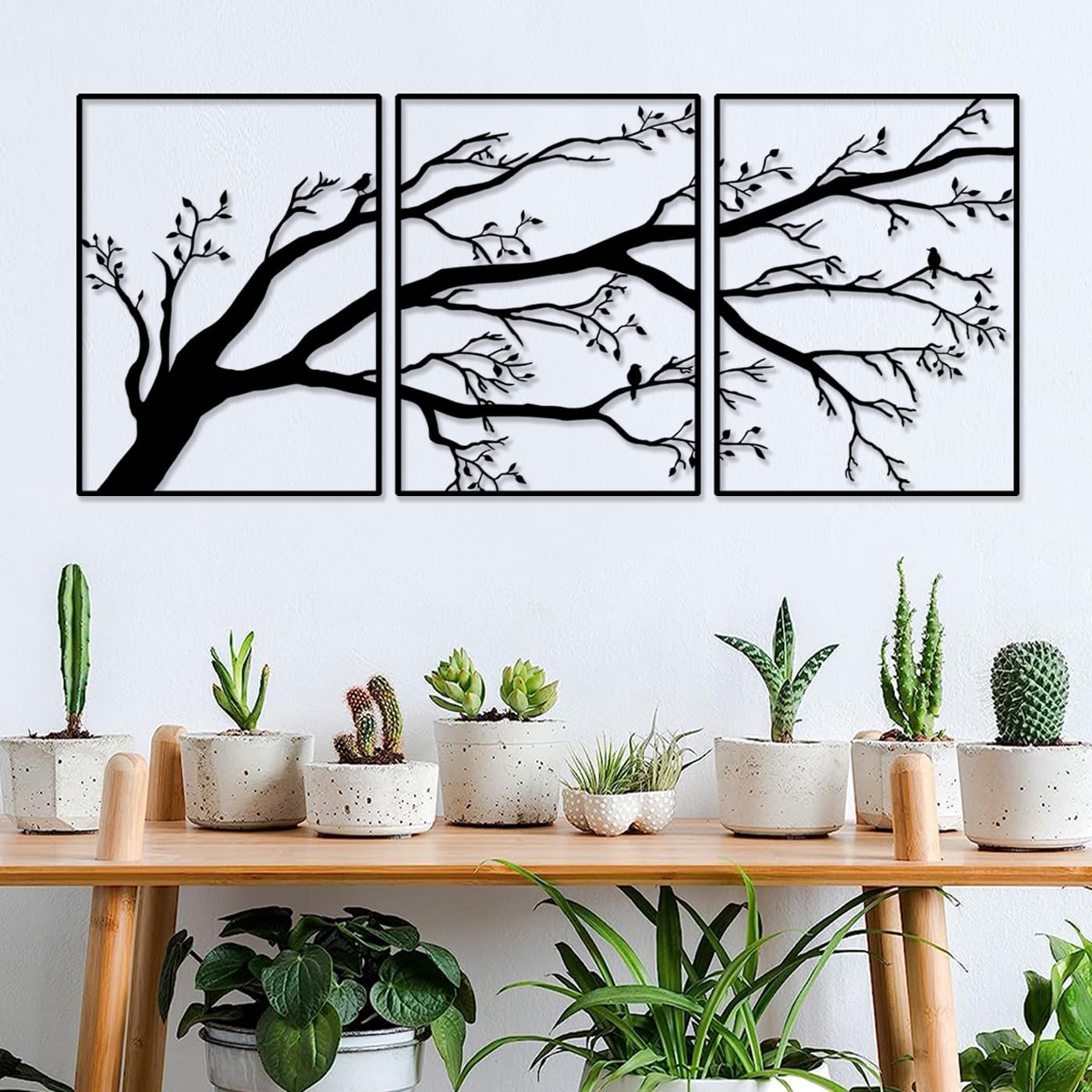 Conjunto de 3 grandes árbol de la vida de pared decorativa, decoración de la pared de metal, señal de árbol, pájaros en rama escultura de metal para el hogar jardín oficina interior al aire libre
