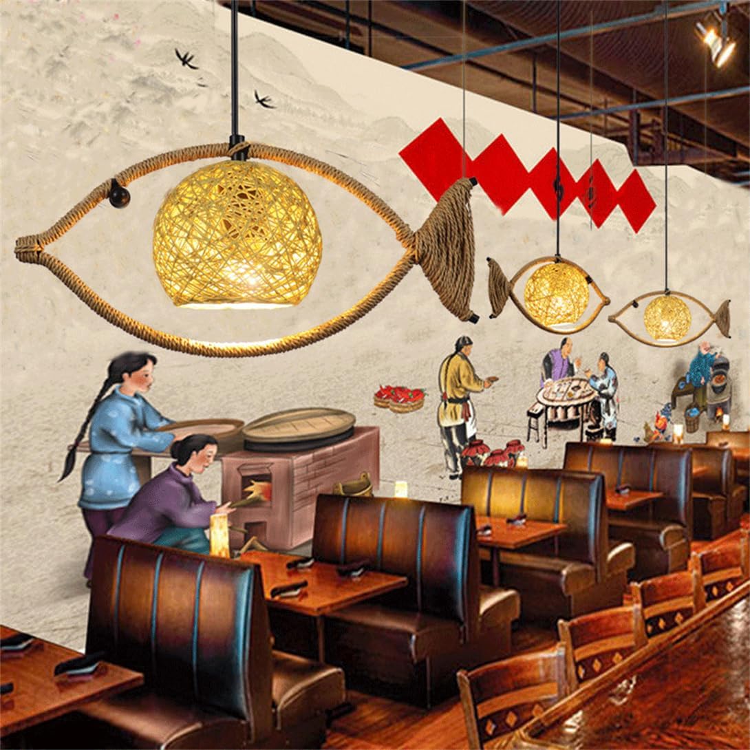 Boho Light Fixture Fish-Slamp Handmade Woven Rattan Light Creative Pastoral Style Light Rustic Farmhouse Kitchen Island Light Fixture for Hallway Foyer(1 Pack)