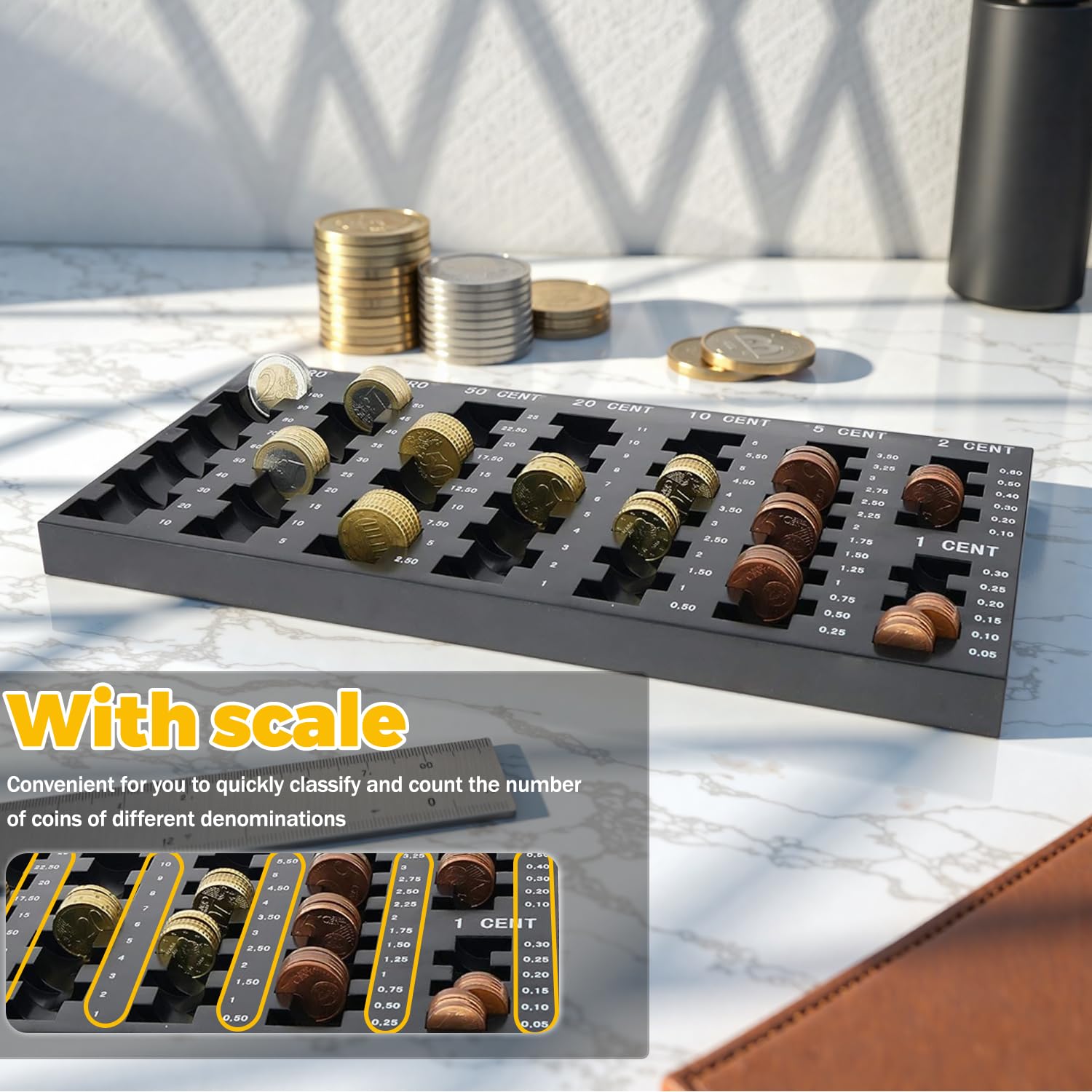 Clasificador de Monedas con 8 Compartimentos para Euros y Céntimos, Organizador Negro 33 x 18.5 x 2 cm