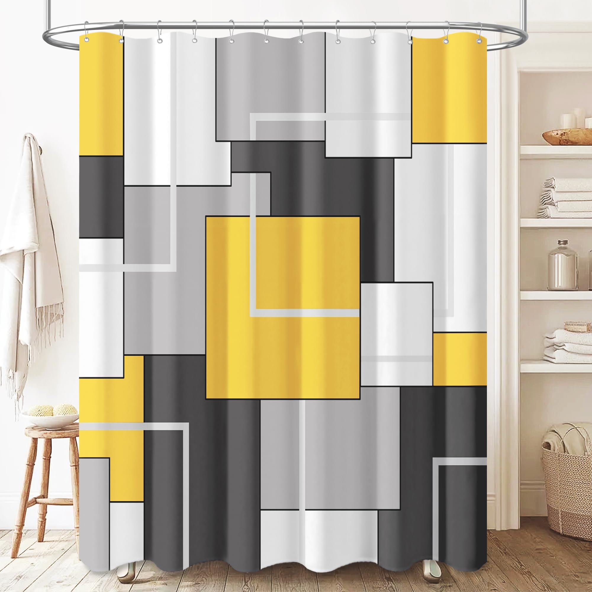 BTTN Yellow Fabric Shower Curtain, Modern Geometric Neutral Cloth Shower Curtain Set with Plastic Hooks, Weighted Hem, Water Repellent, Luxury